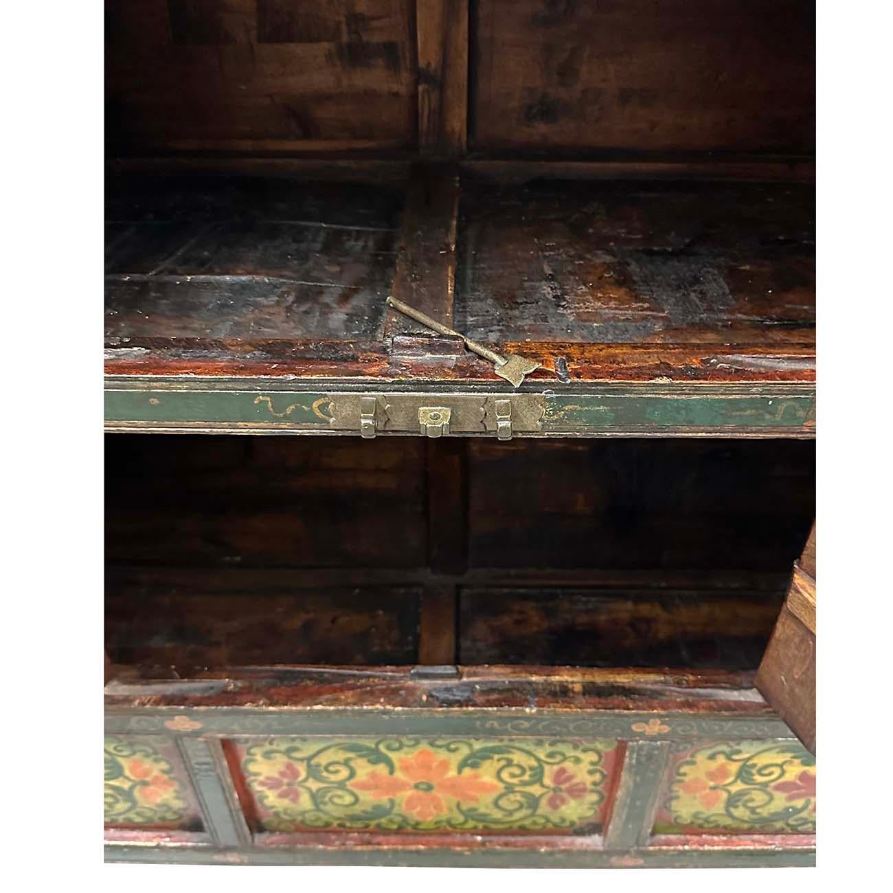 Chinese Early 20th Century Antique Tibetan Hand Painted Tall Credenza Storage Cabinet For Sale