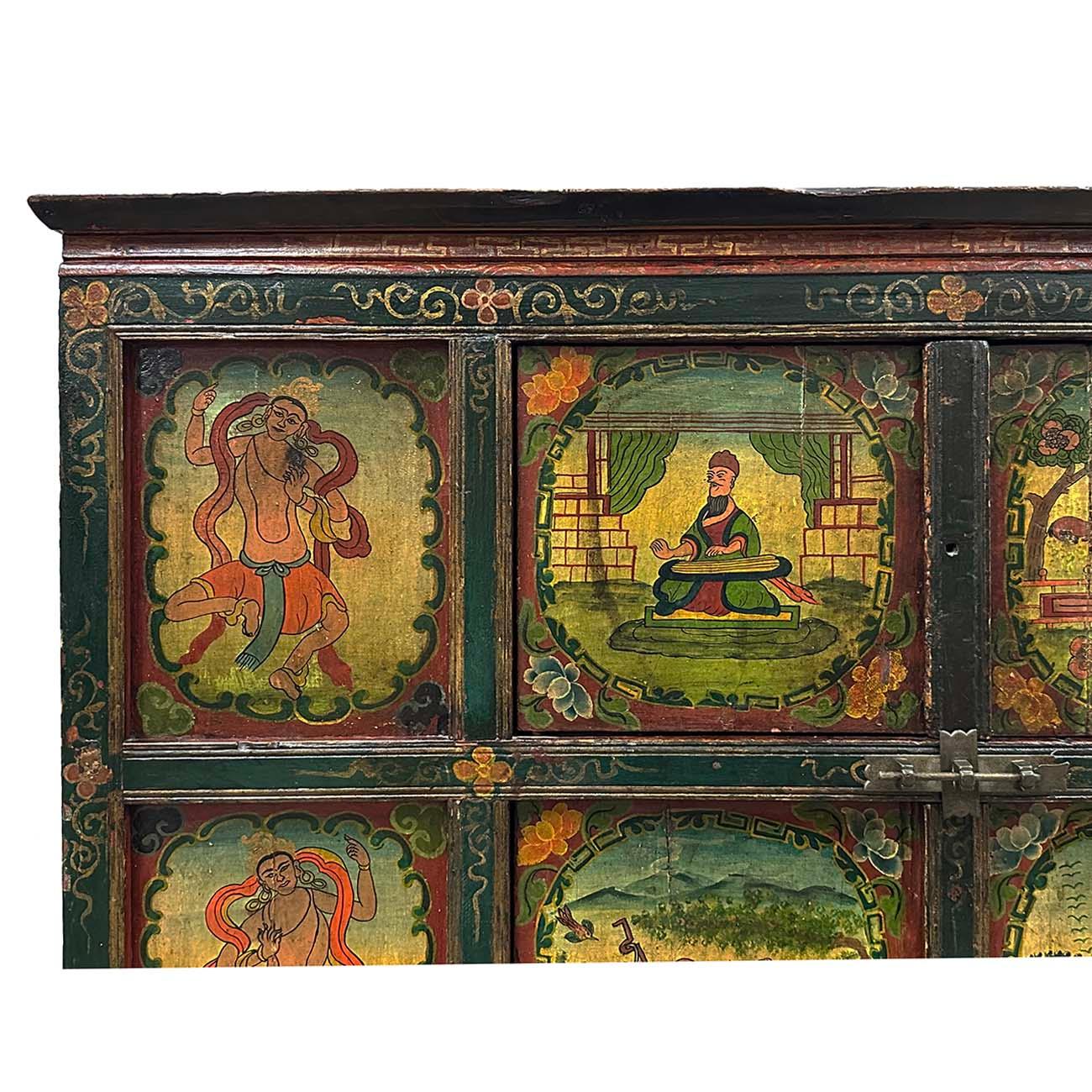 Hand-Painted Early 20th Century Antique Tibetan Hand Painted Tall Credenza Storage Cabinet For Sale