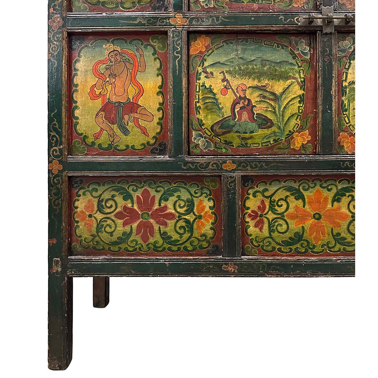 Wood Early 20th Century Antique Tibetan Hand Painted Tall Credenza Storage Cabinet For Sale