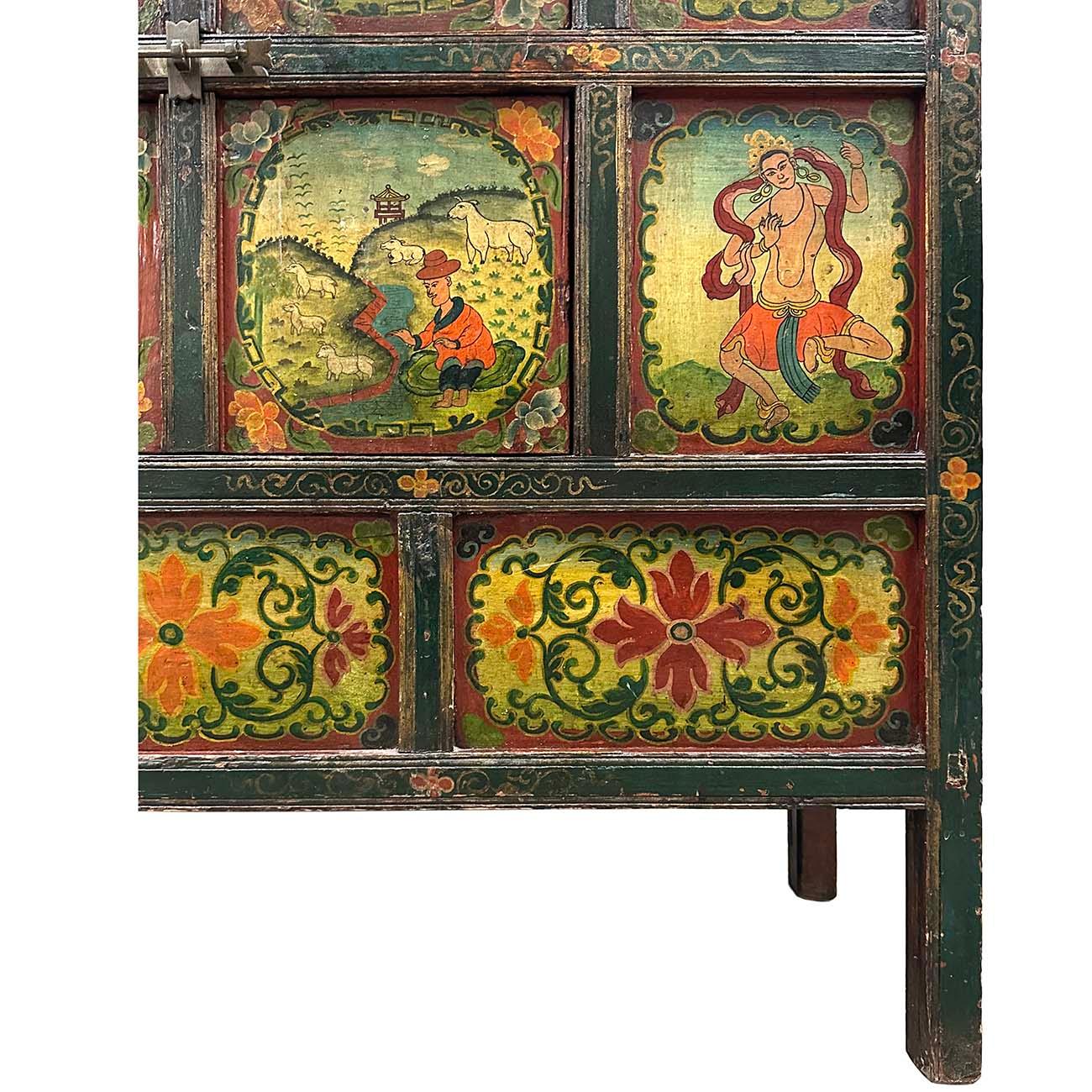 Early 20th Century Antique Tibetan Hand Painted Tall Credenza Storage Cabinet For Sale 1