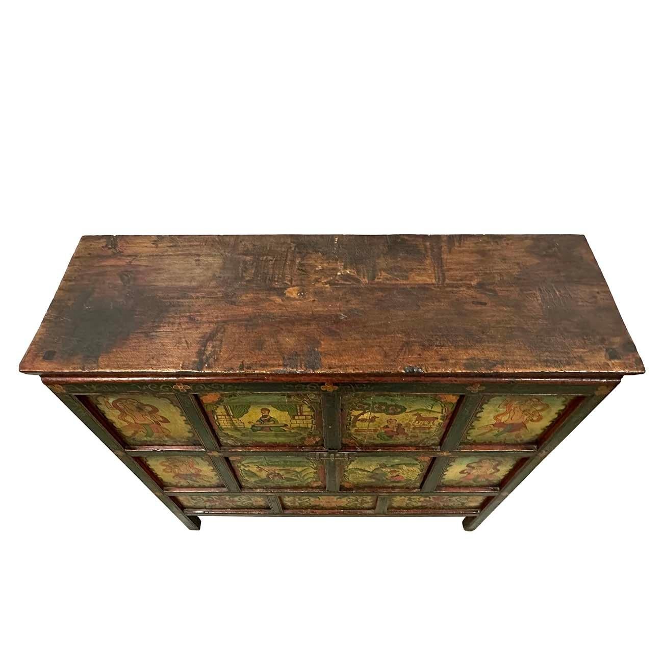 Early 20th Century Antique Tibetan Hand Painted Tall Credenza Storage Cabinet For Sale 2