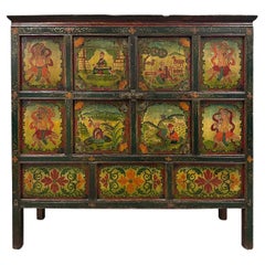 Early 20th Century Antique Tibetan Hand Painted Tall Credenza Storage Cabinet