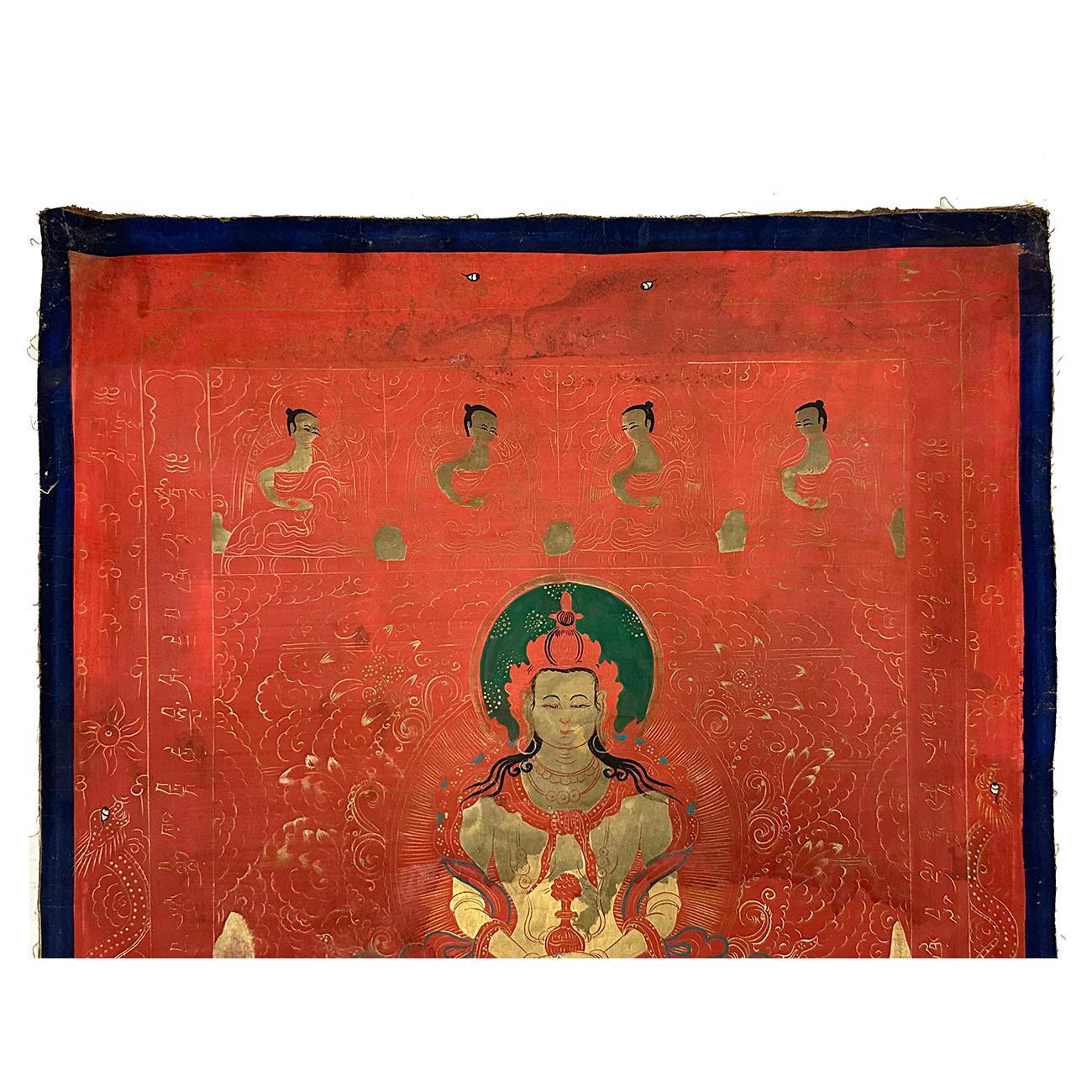 Maitreya (Tibetan: cham pa. English: Love), the Bodhisattva of loving kindness and the coming Buddha of the future aeon - currently residing in the Tacitus heaven.
Beautiful and peaceful, This authentic Tibetan Thangka finely painted with colored