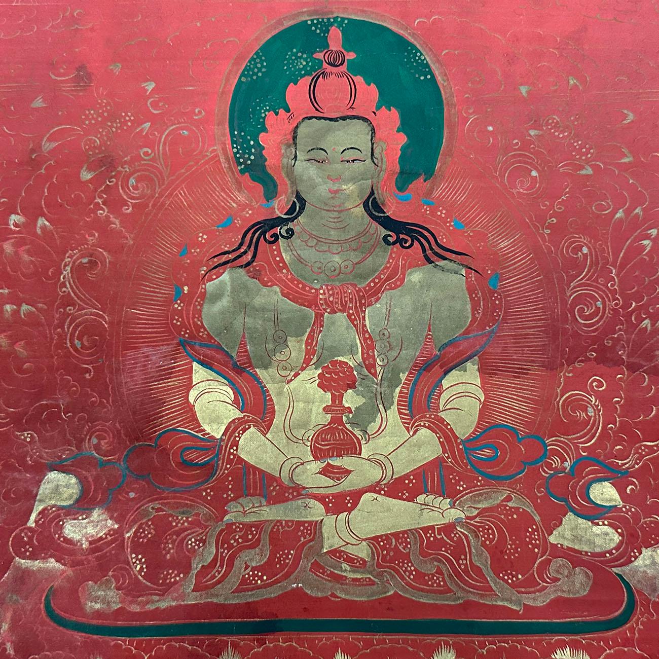 Chinese Early 20th Century Antique Tibetan Hand Painted Thangka, Maitreya Buddhist Deity For Sale