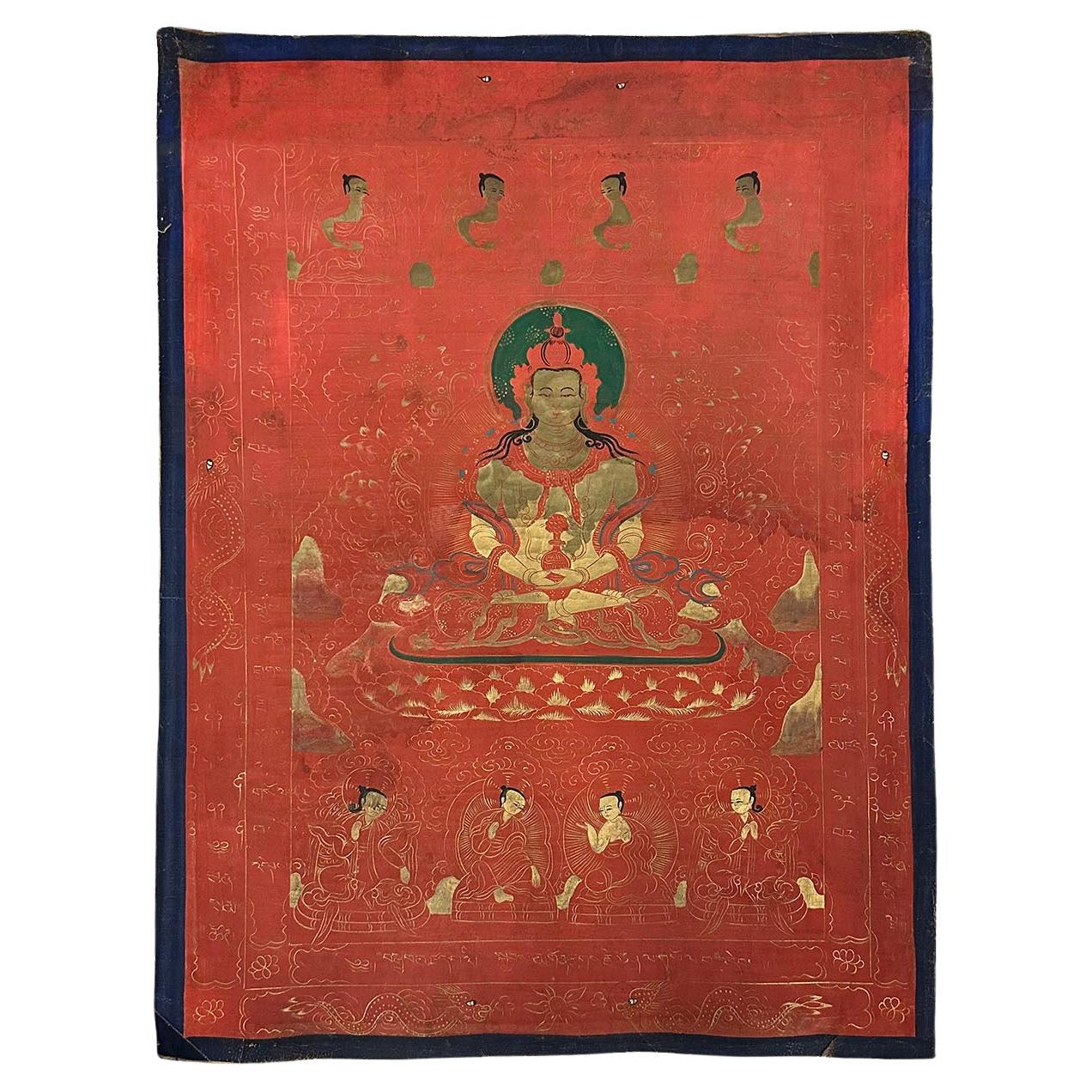 Early 20th Century Antique Tibetan Hand Painted Thangka, Maitreya Buddhist Deity For Sale