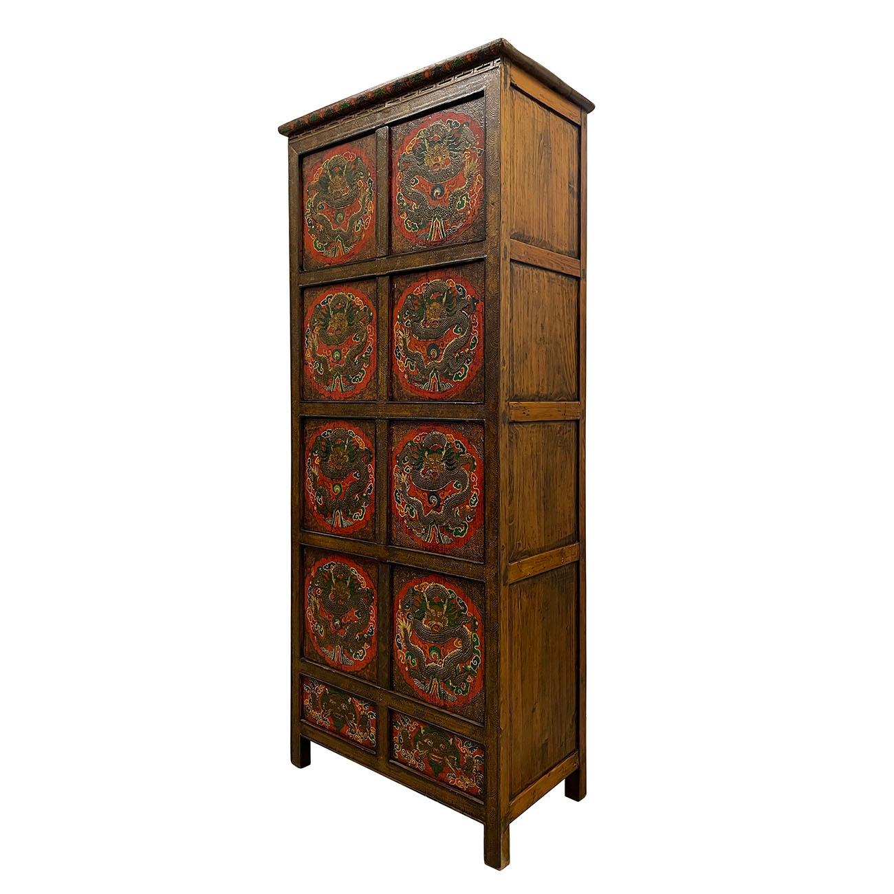 Size: 78.5in H x 33in W x 18in D
Door opening: 13.5in H x 24in W each
Origin: Lhasa, Tibet
Circa: 1900 - 1940
Material: Wood
Condition: Original finished, Hand made, Hand Paint. Normal age wear.

This Antique Tibetan Painted Tall Cabinet is