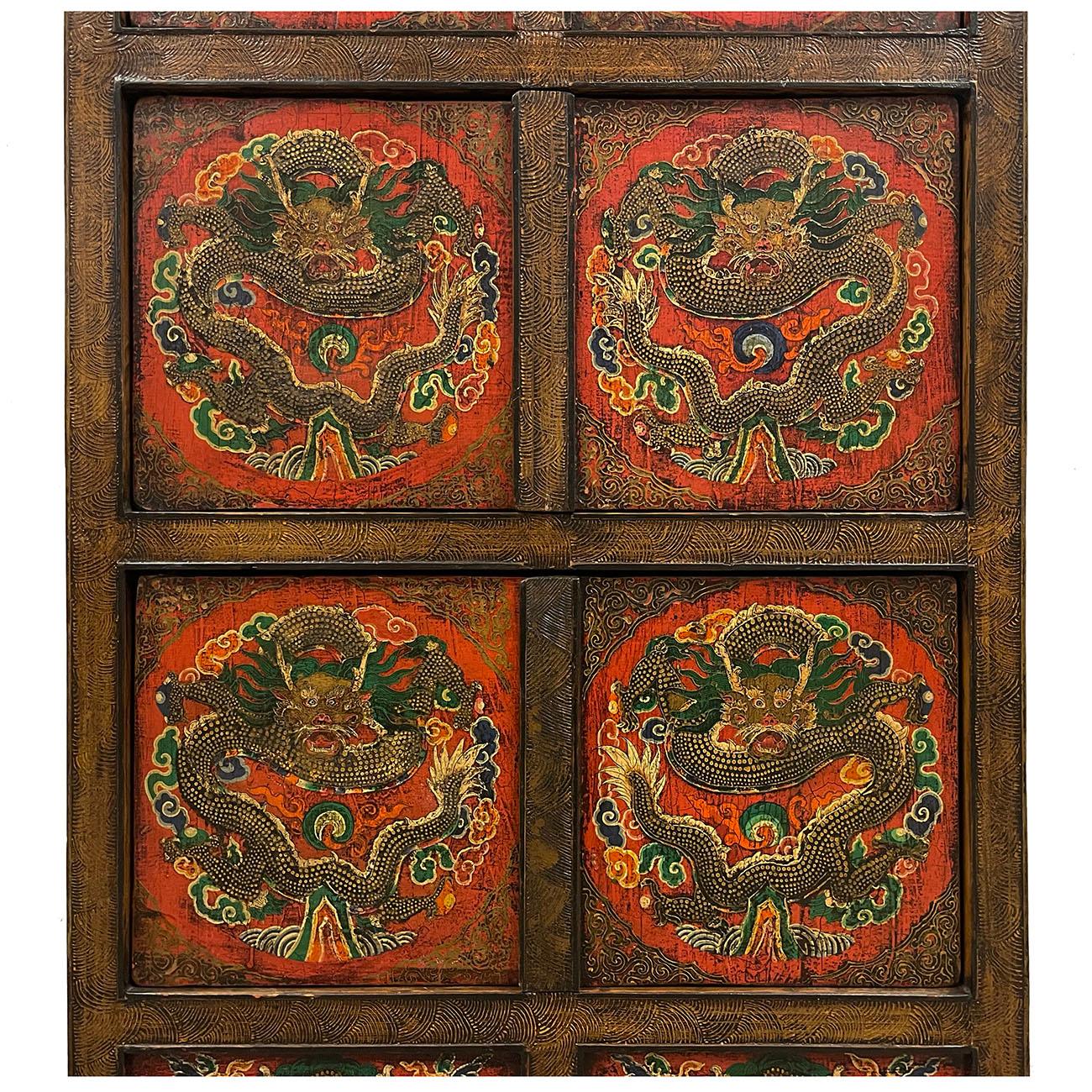 Chinese Export Early 20th Century Antique Tibetan Painted Dragon Tall Cabinet For Sale