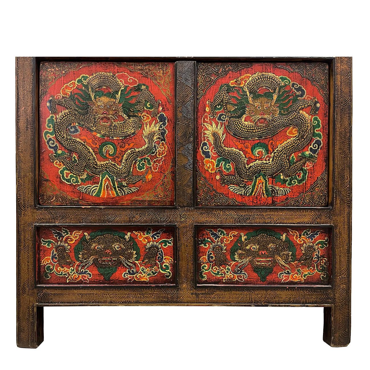 Early 20th Century Antique Tibetan Painted Dragon Tall Cabinet In Good Condition For Sale In Pomona, CA