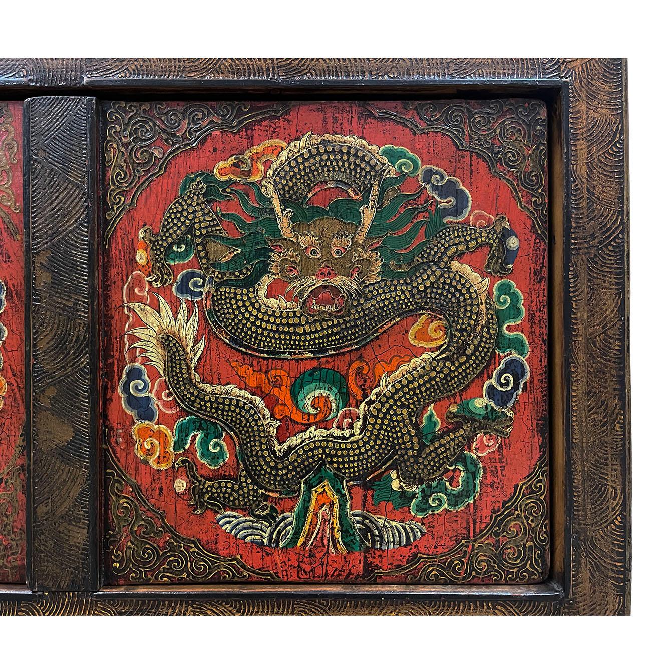 Wood Early 20th Century Antique Tibetan Painted Dragon Tall Cabinet For Sale
