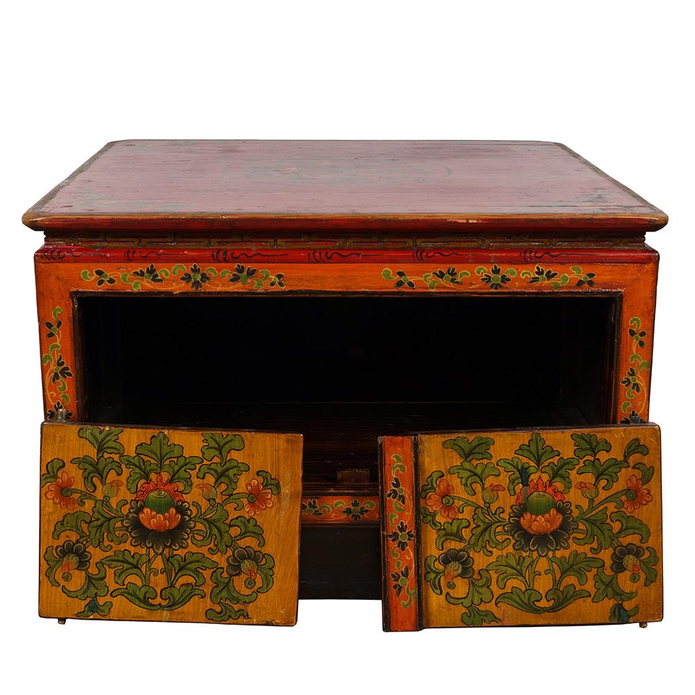 Cedar Early 20th Century Antique Tibetan Painted Square Coffee Table For Sale
