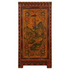 Early 20th Century Antique Tibetan Painted Tall Wood Cabinet, Armoire, Wardrobe