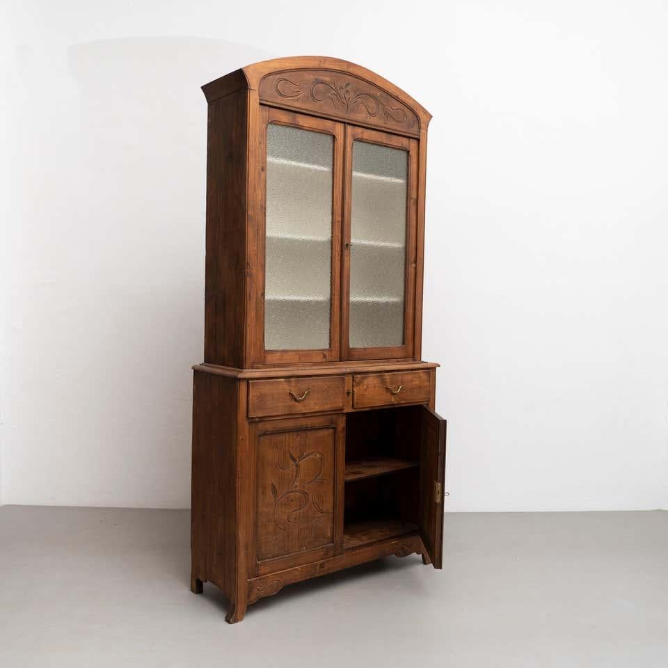 Wood Early 20th Century Antique Traditional Spanish Pinewood and Glass Wardrobe
