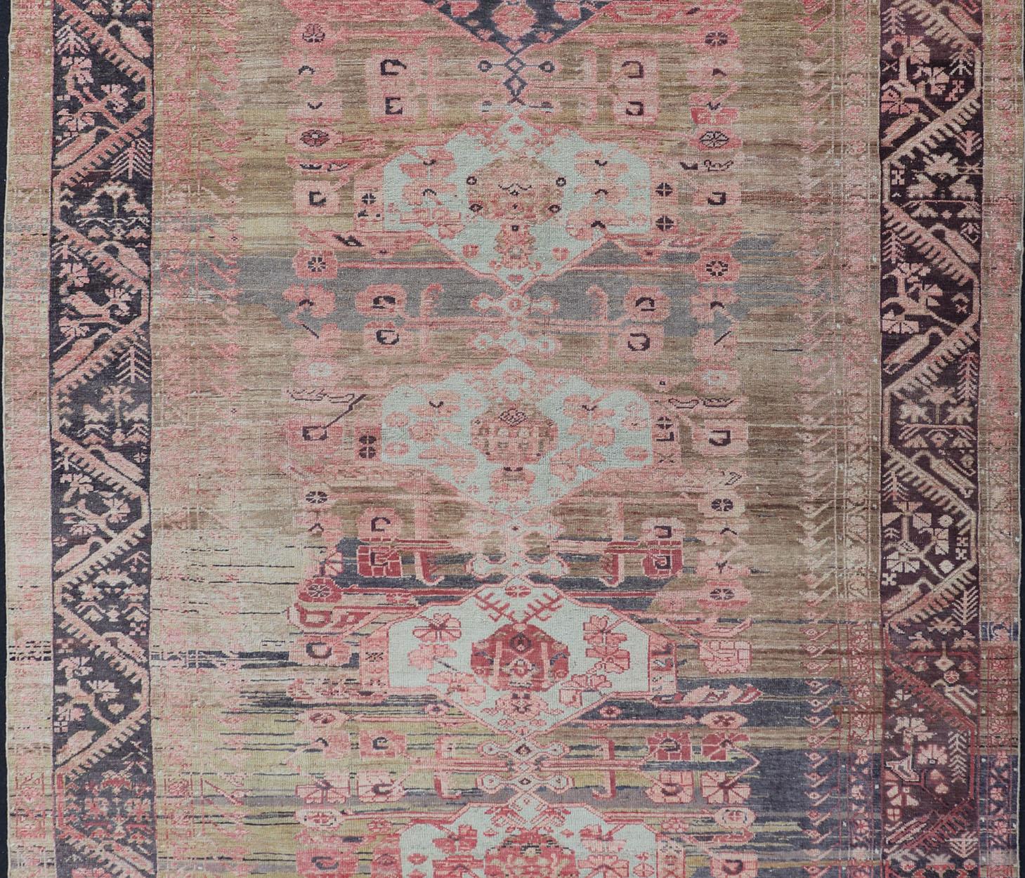 Hand-Knotted Antique Turkish fine weave Oushak Rug in Light Green and Color Variation For Sale