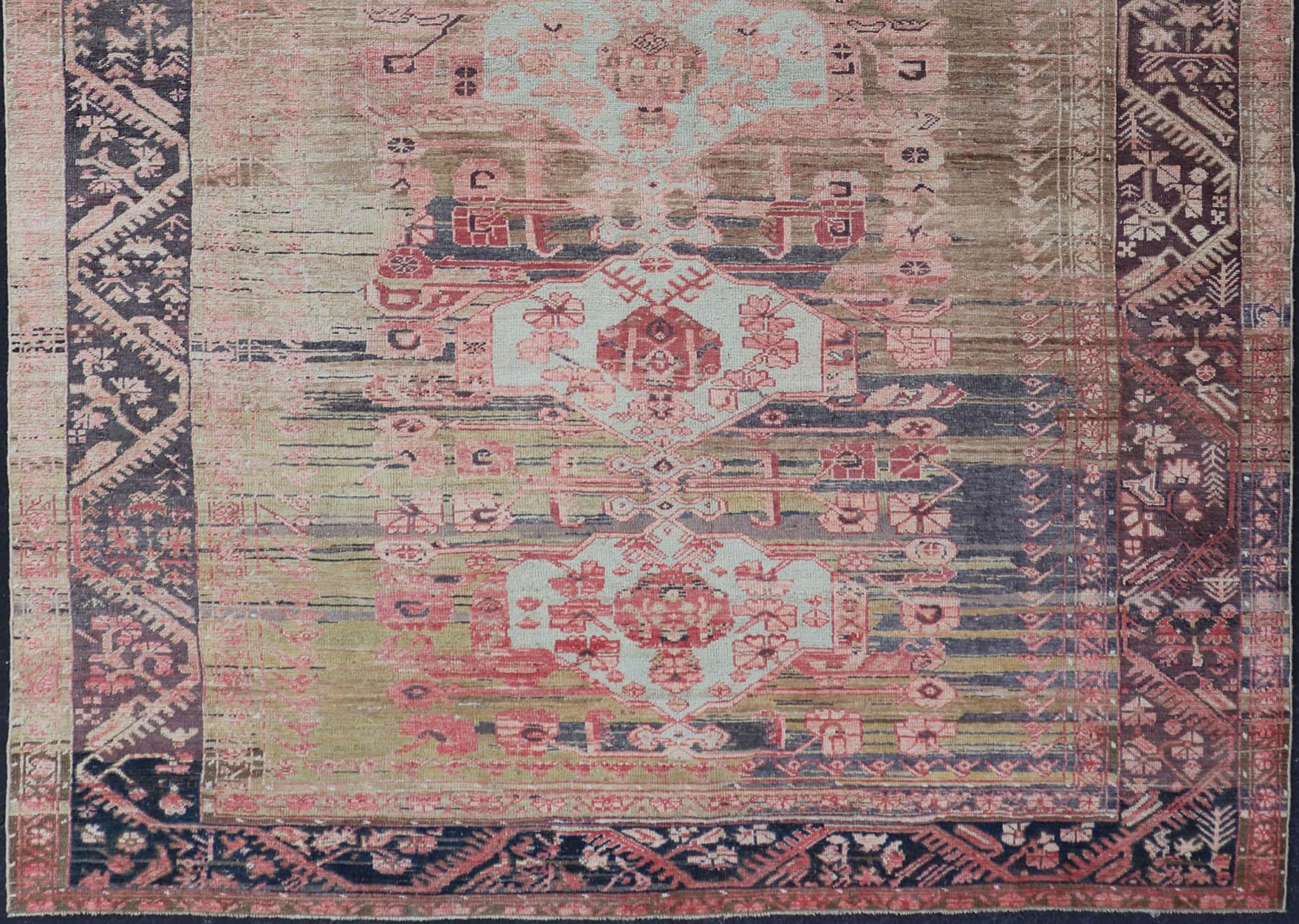 Antique Turkish fine weave Oushak Rug in Light Green and Color Variation In Excellent Condition For Sale In Atlanta, GA