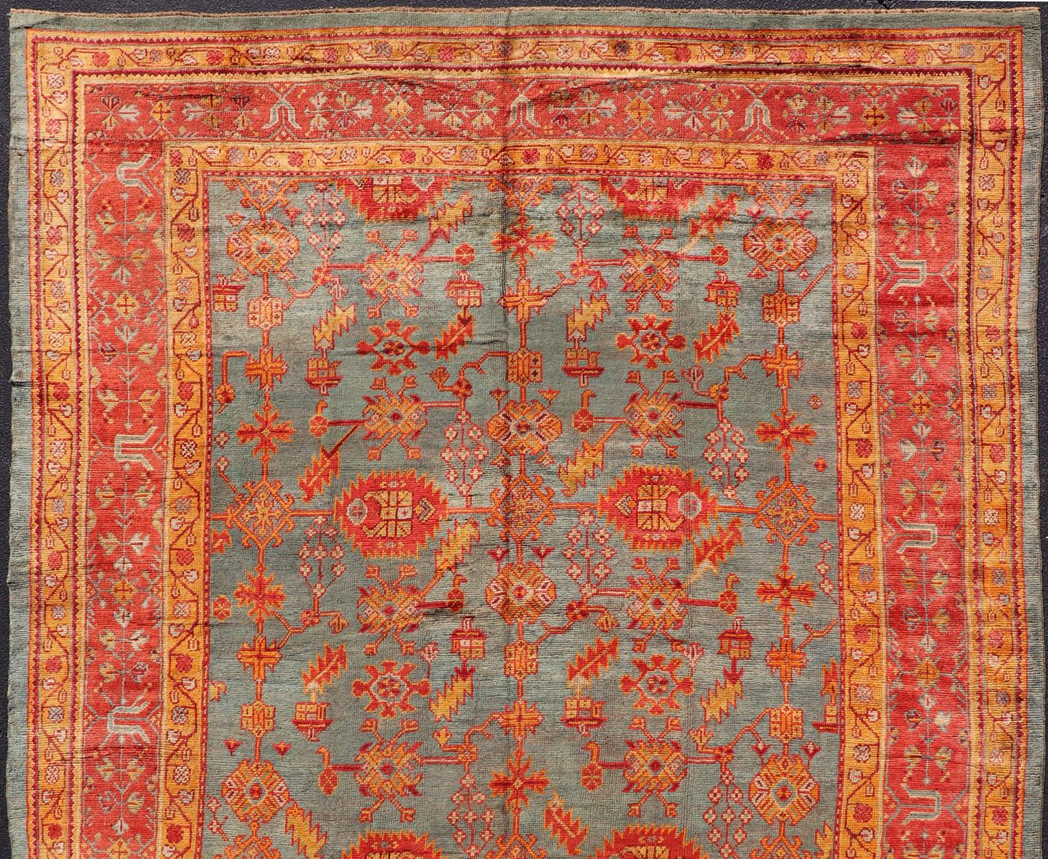 Early 20th Century Antique Turkish Oushak Rug with Flowers and Geometric  For Sale 9