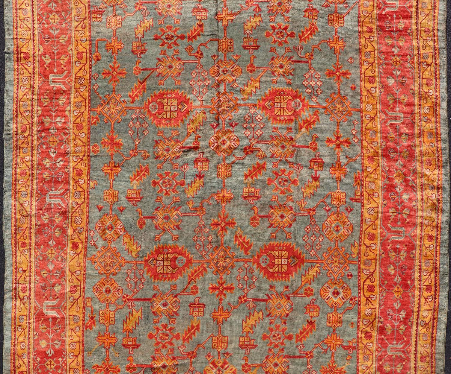 Early 20th Century Antique Turkish Oushak Rug with Flowers and Geometric  For Sale 10