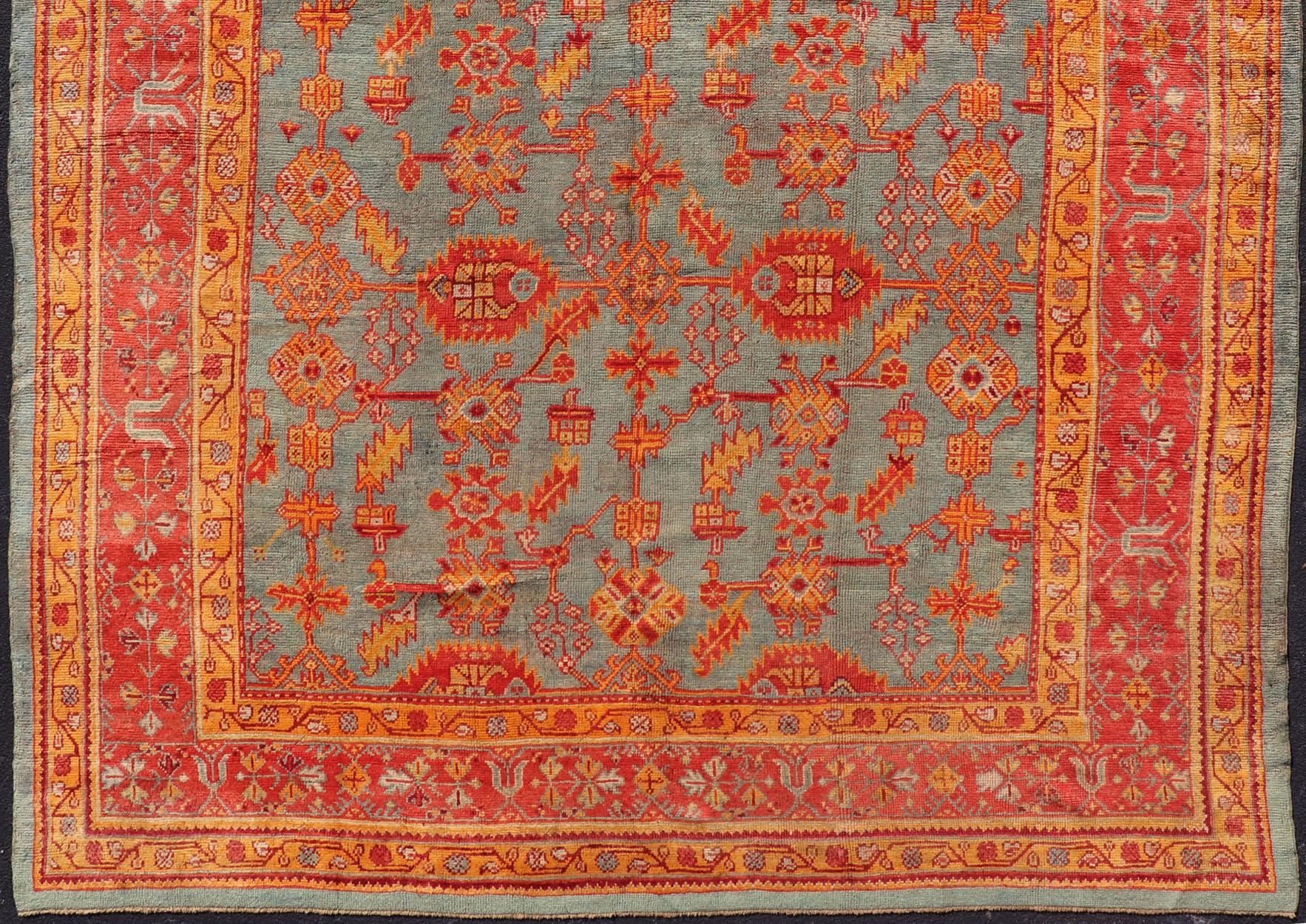 Early 20th Century Antique Turkish Oushak Rug with Flowers and Geometric  For Sale 11
