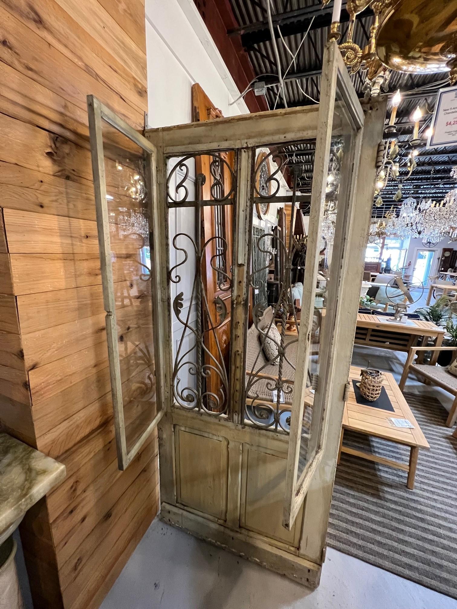 Early 20th Century Antique Wood Door with Iron Panels and Glass Door Panels For Sale 8