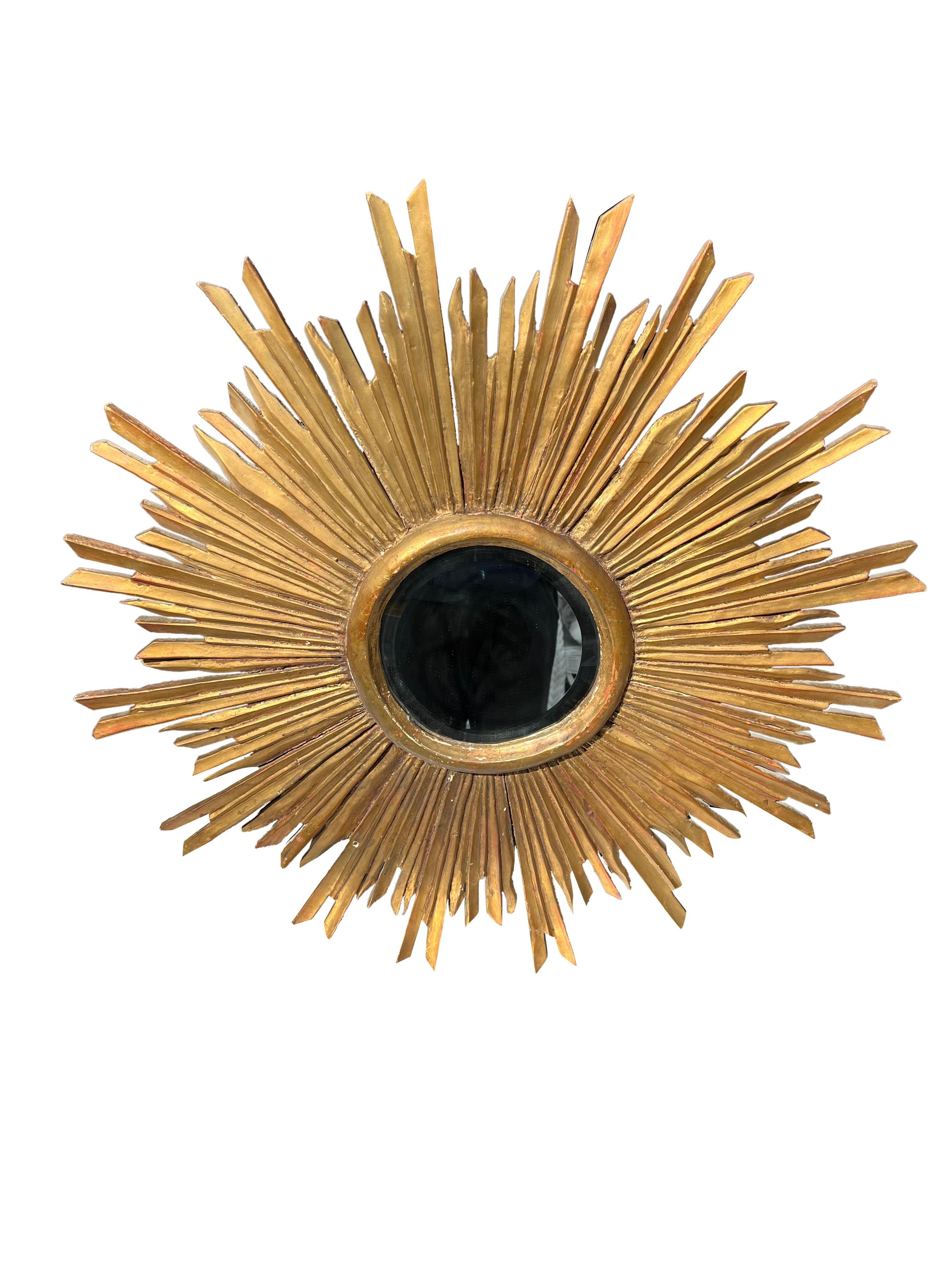 Regency Early 20th Century Antique Wood Gold Gilted Starburst Wall Mirror For Sale