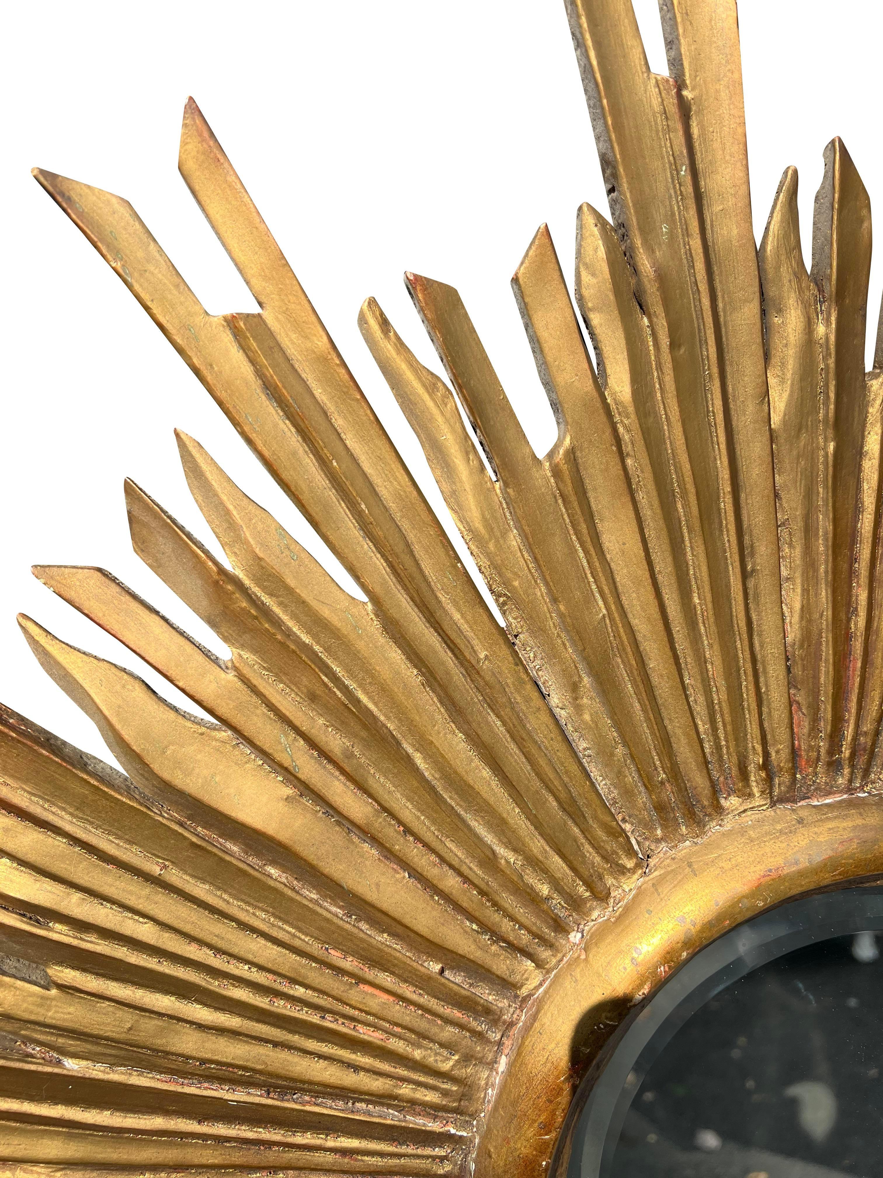 Early 20th Century Antique Wood Gold Gilted Starburst Wall Mirror For Sale 1