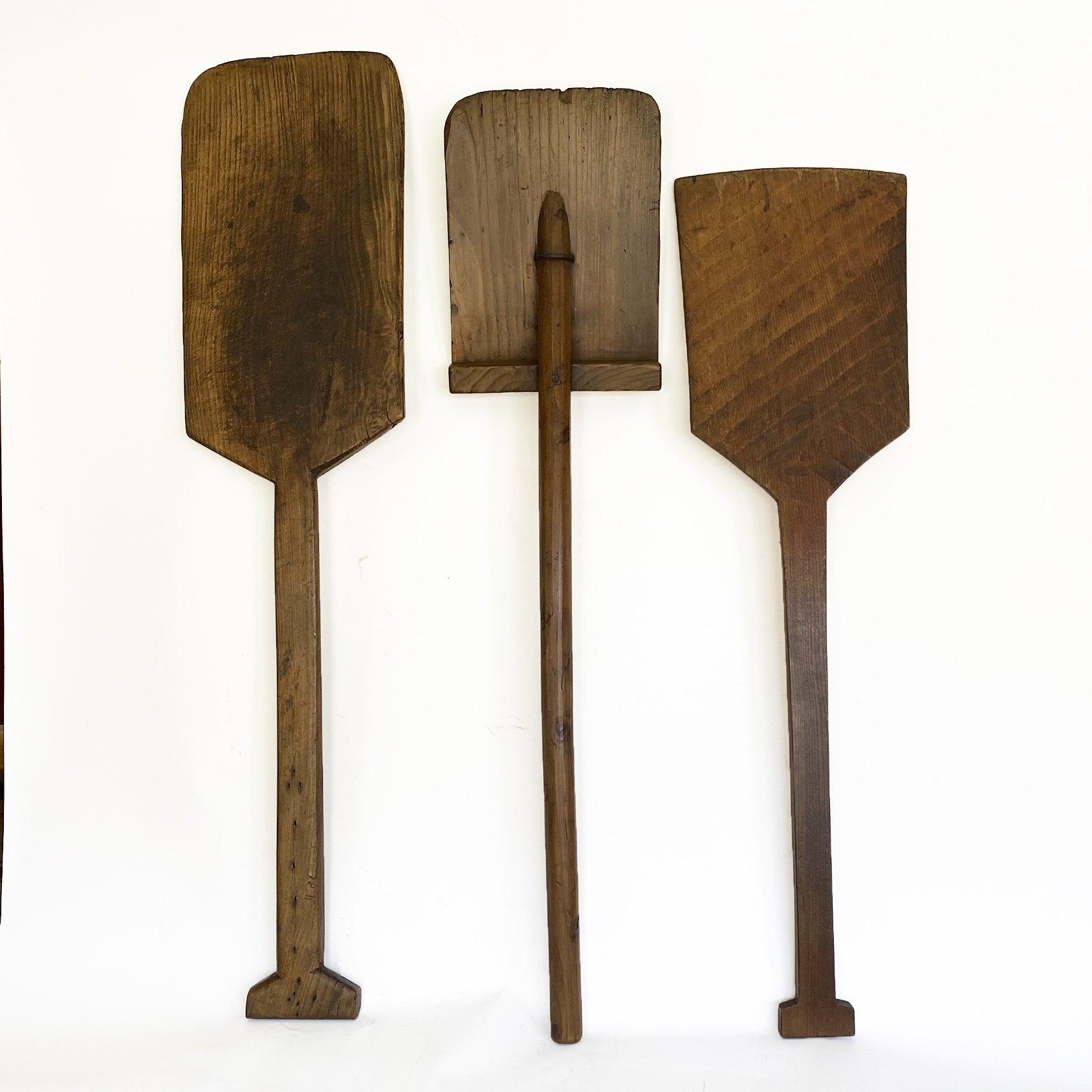 Early 20th century antique wood snow shovels, Japan, set of three (3)
Handcrafted wooden snow shovels, each one constructed of different wood and made to suit the person's level of comfort in using the tool to generate maximum efficient use. They