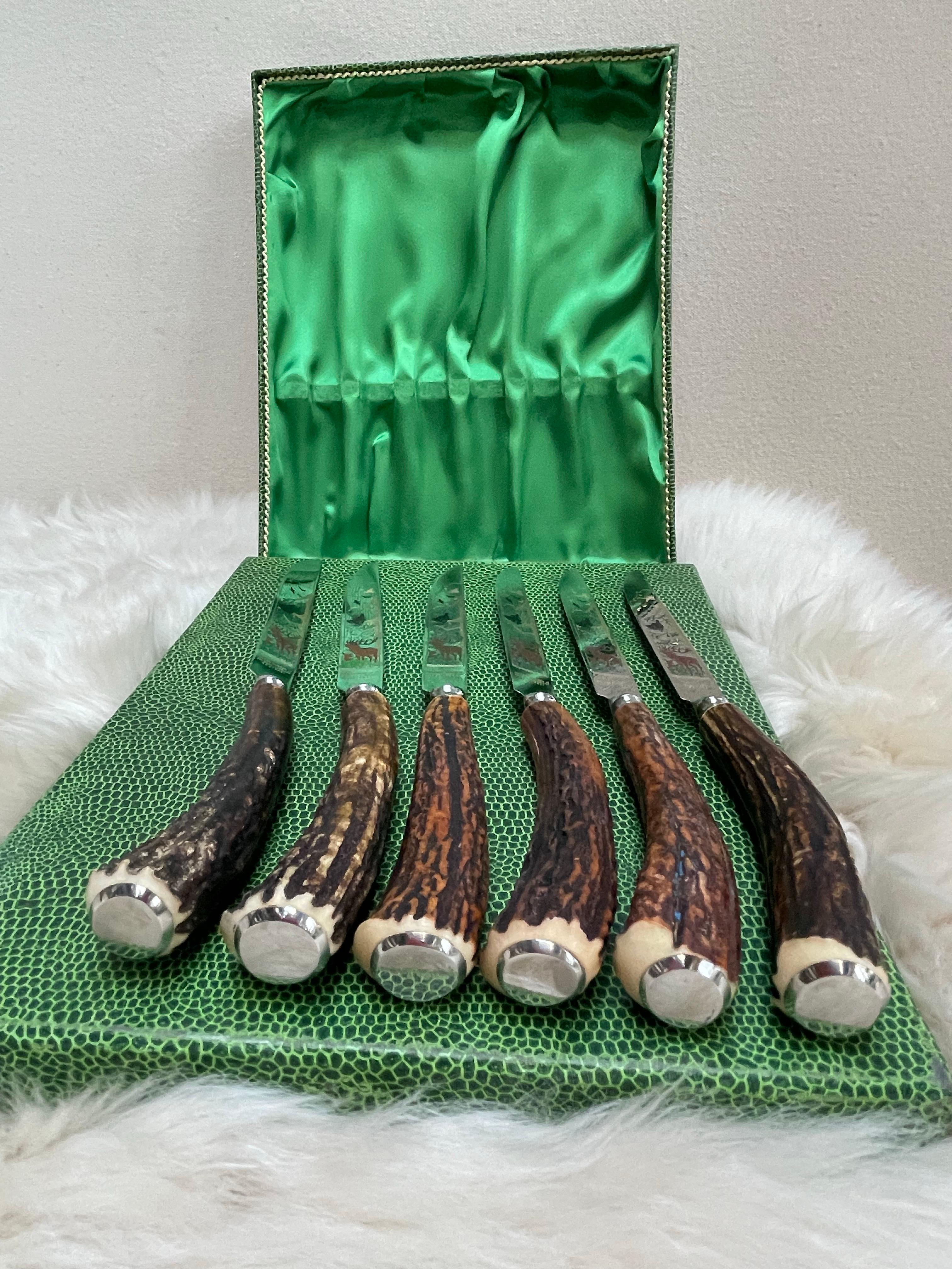 Anfang des 20. Jahrhunderts Anton Wingen JR. Solingen Deutschland Hirschhorn-Messer-Set im Zustand „Gut“ im Angebot in Northport, MI