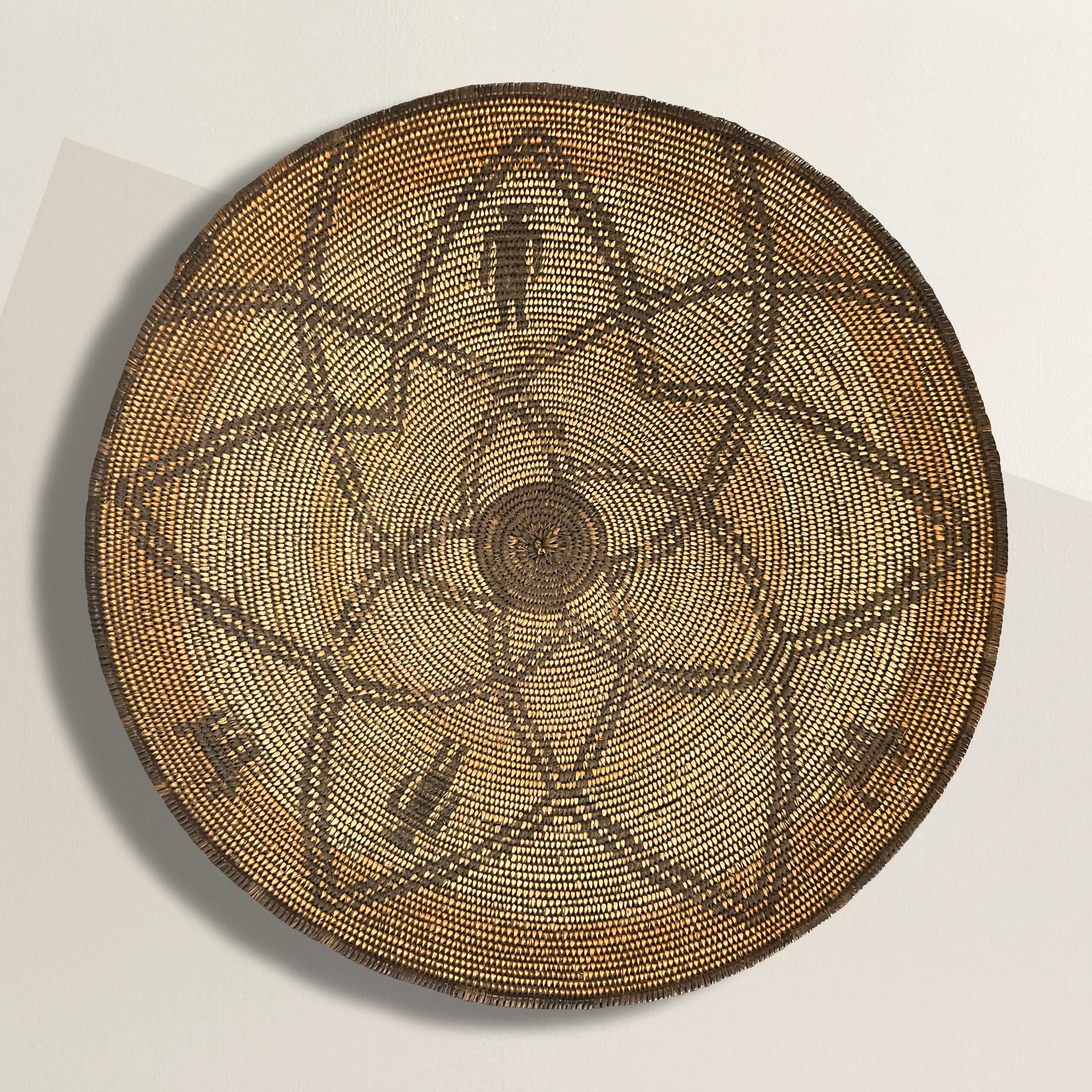 A stunning early 20th century Native American Apache tray basket constructed from hand-woven willow and devil's claw with a slightly darker willow band around the top, and depicting two men and two dogs amidst a field with two five-point stars.