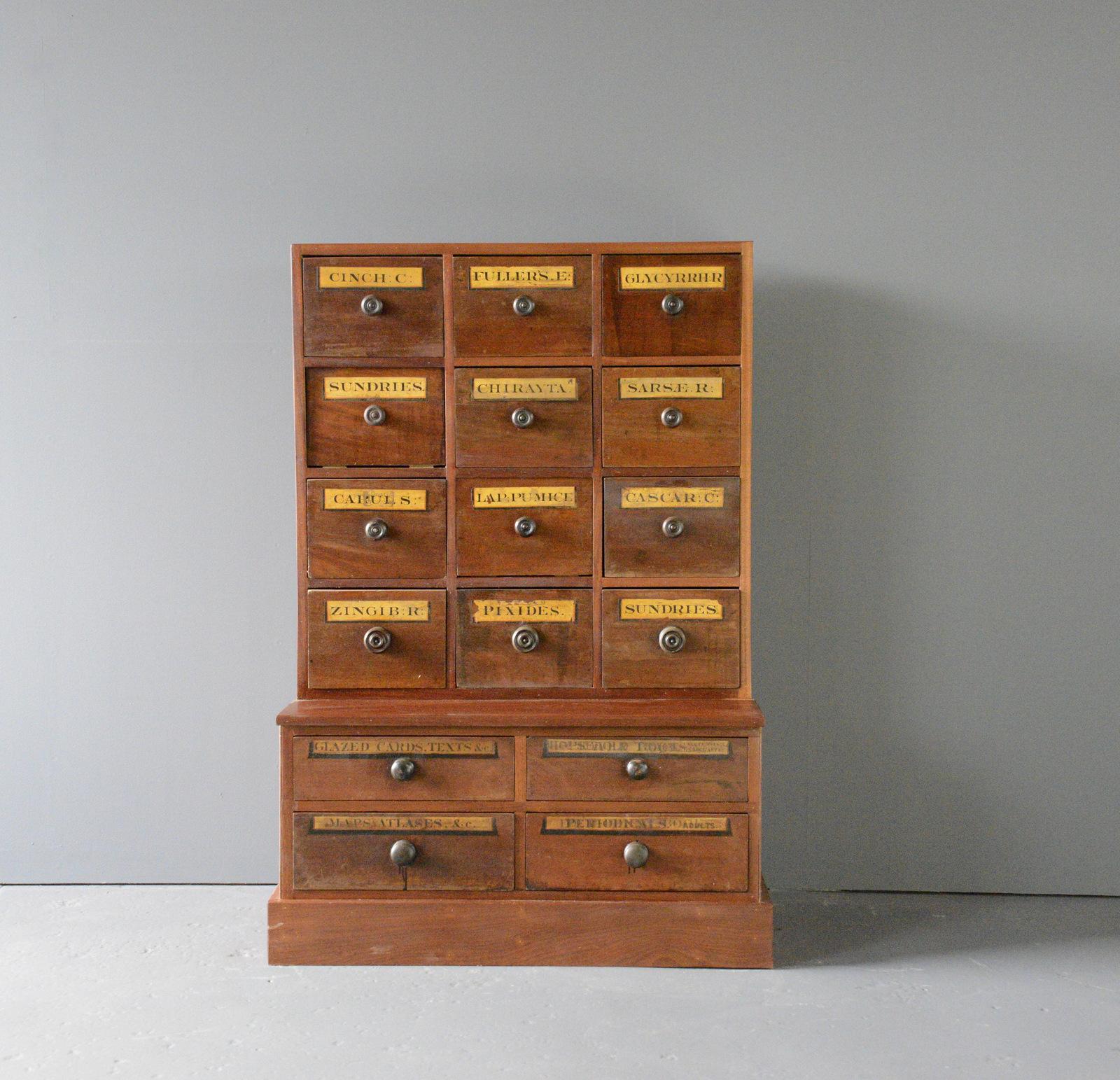 Early 20th century Apothecary Drawers circa 1910

- Mahogany drawers
- Wooden handles
- Original gold leaf labels 
- English ~ 1910
- 94cm wide x 53cm deep x 140m tall

Condition Report

Fully restored, some very minor cosmetic wear.