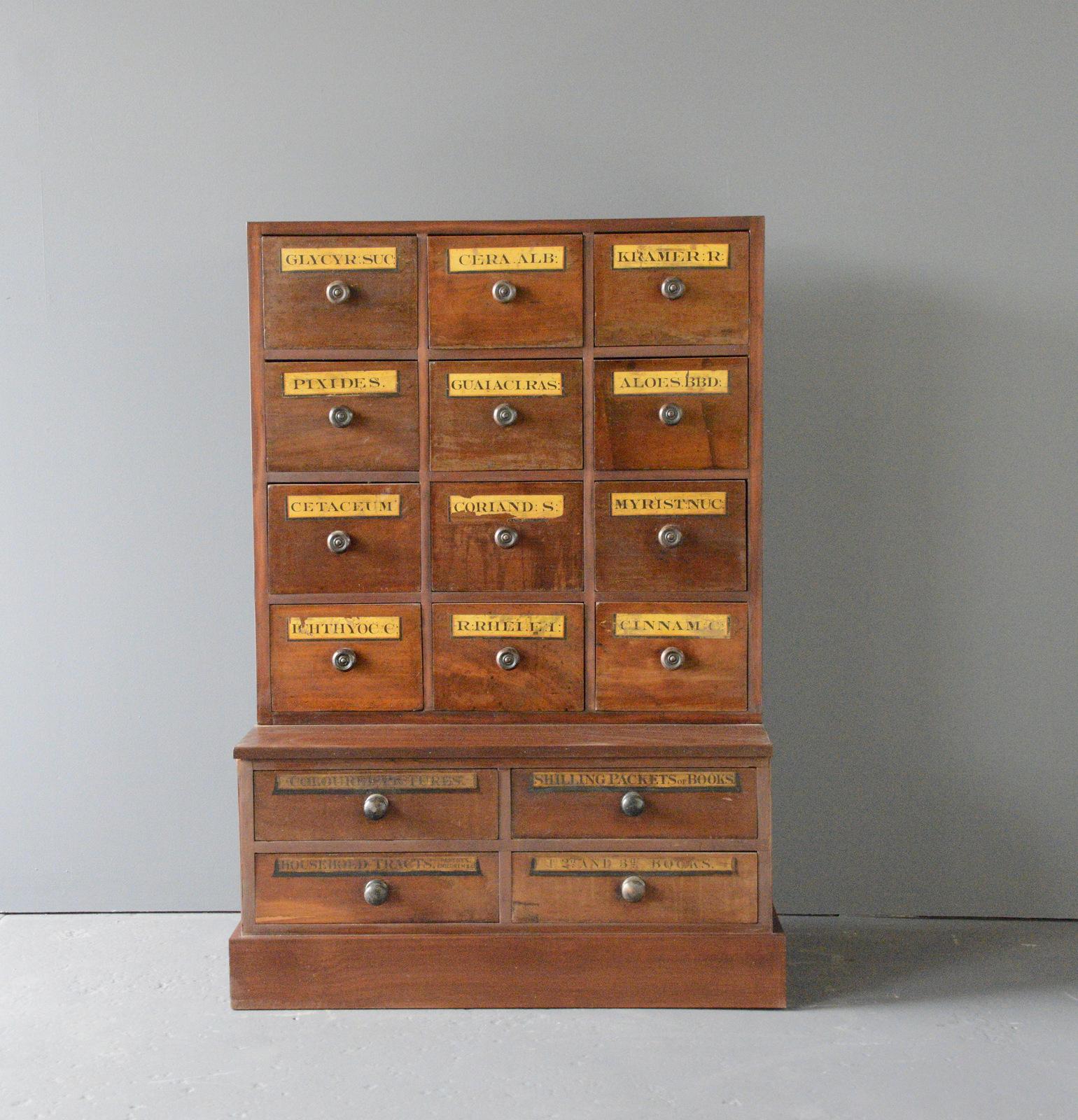 Early 20th century Apothecary Drawers circa 1910

- Mahogany drawers
- Wooden handles
- Original gold leaf labels 
- English ~ 1910
- 94cm wide x 53cm deep x 140cm tall

Condition Report

Fully restored, some very minor cosmetic wear.