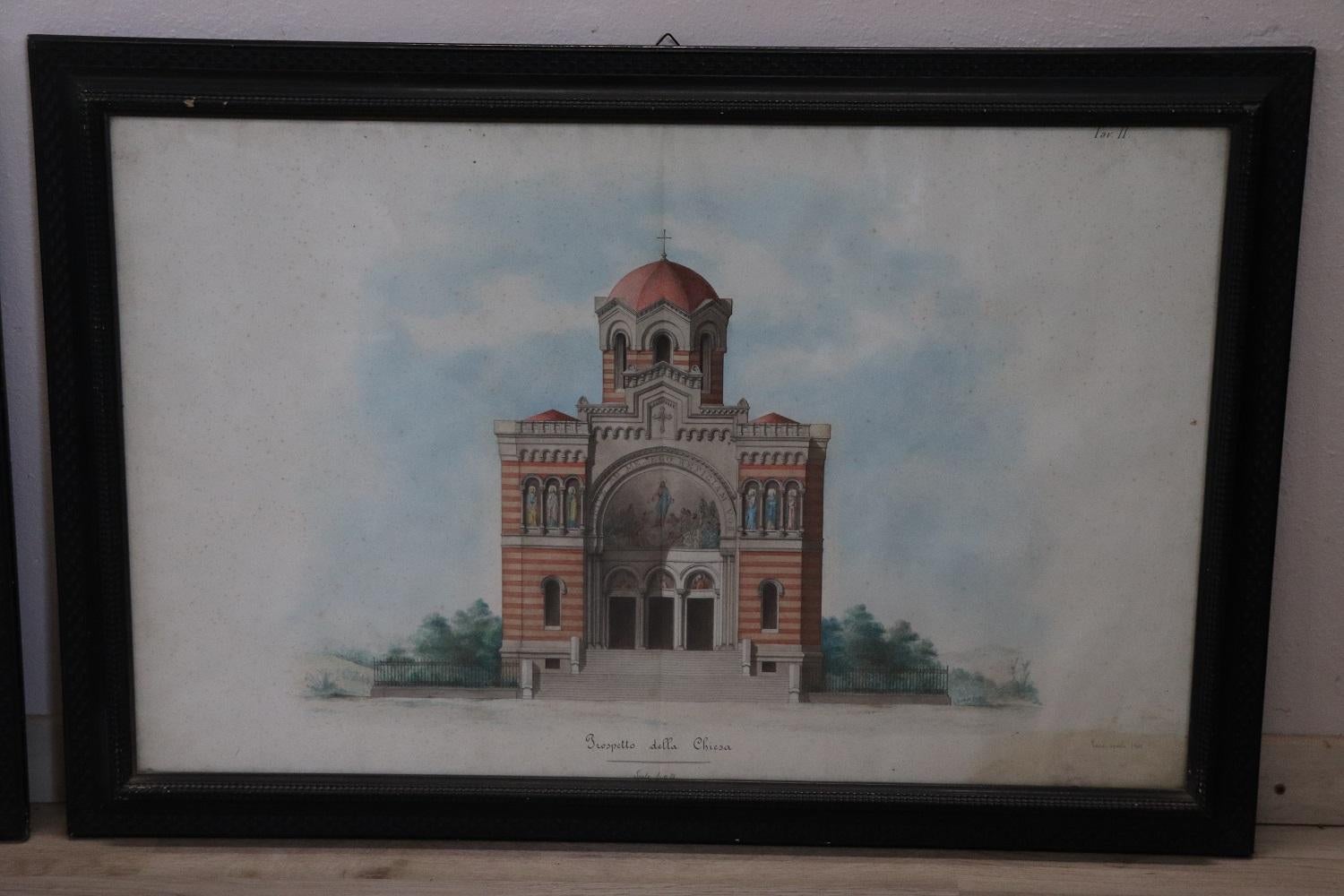 Importante paire de dessins sur papier italiens du début du XXe siècle, projet d'étude architecturale pour une église.