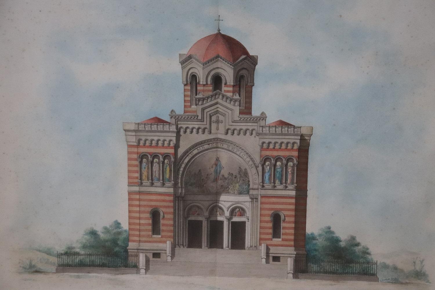 Dessins d'architecture sur papier du début du 20e siècle, église italienne Excellent état - En vente à Casale Monferrato, IT