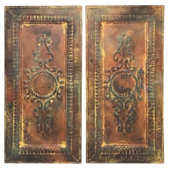Early 20th Century Architectural Reclaimed Raised-Tin Tole Wall Plaques, Pair Early 20th Century Architectural Reclaimed Raised-Tin Tole Wall Plaques, Pair