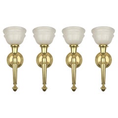 Early 20th Century Argand Style Brass 
Alabaster Shades Wall Sconce, Set of 4