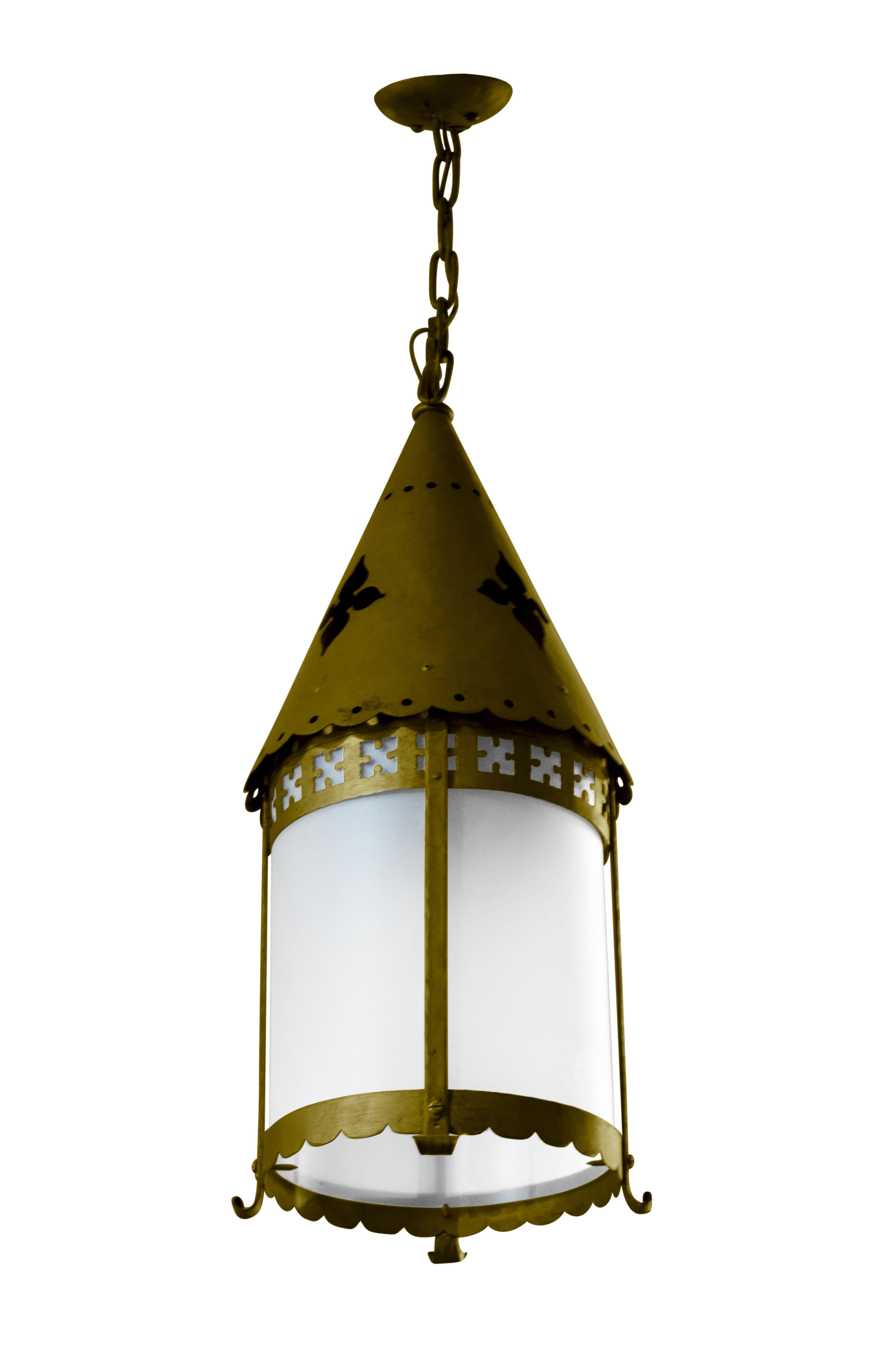 An early 20th century Argentine brass lantern-style pendant light with glass shades.
Requires re-wiring.