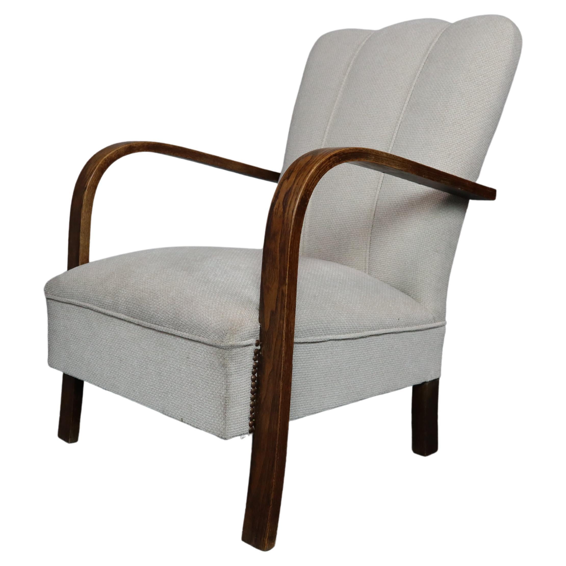 Early 20th Century Art-Deco Armchair, Oak and Fabric For Sale