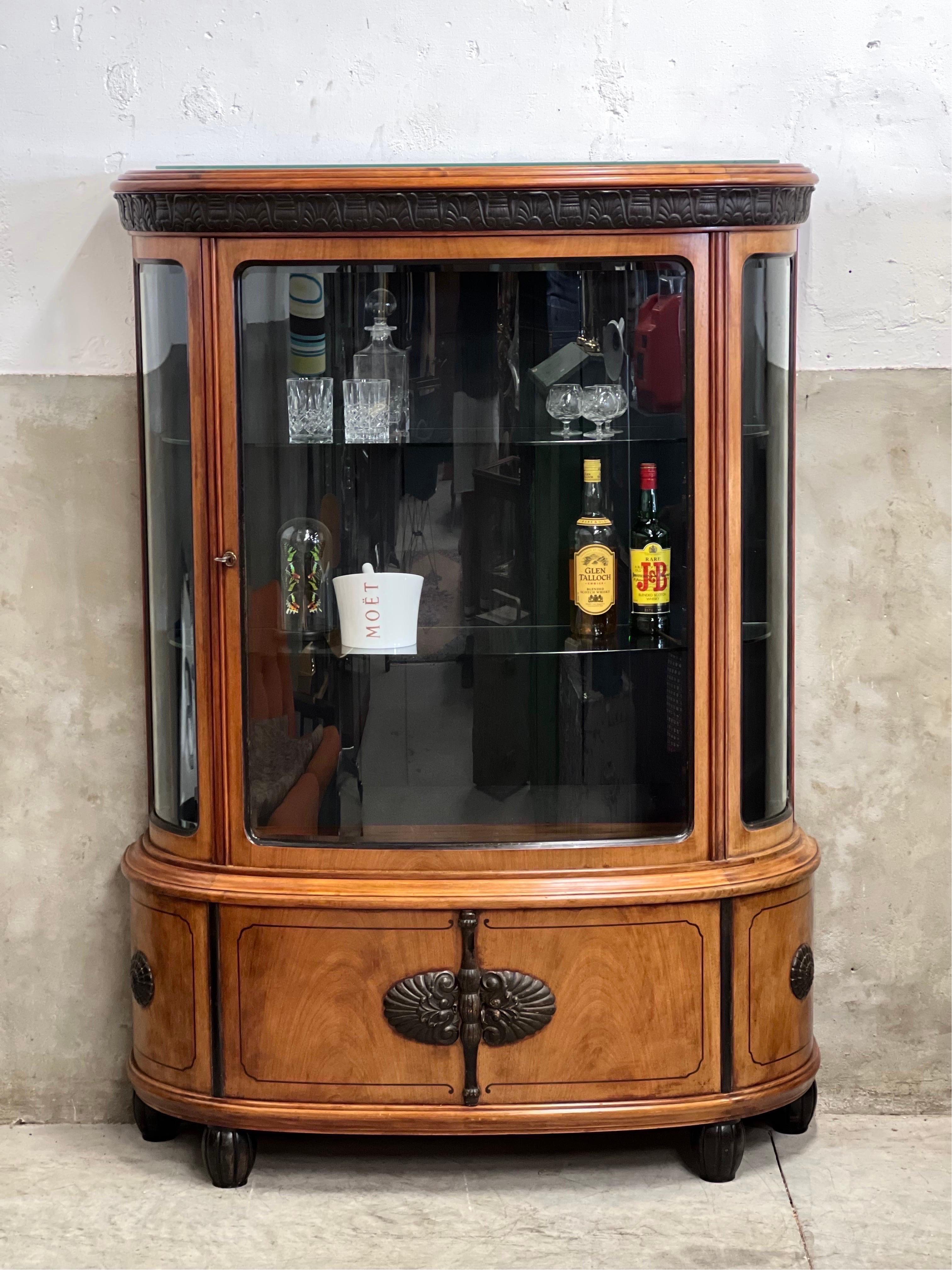 Inlay Early 20th Century Art Deco Beverage Cabinet, Curved Glass