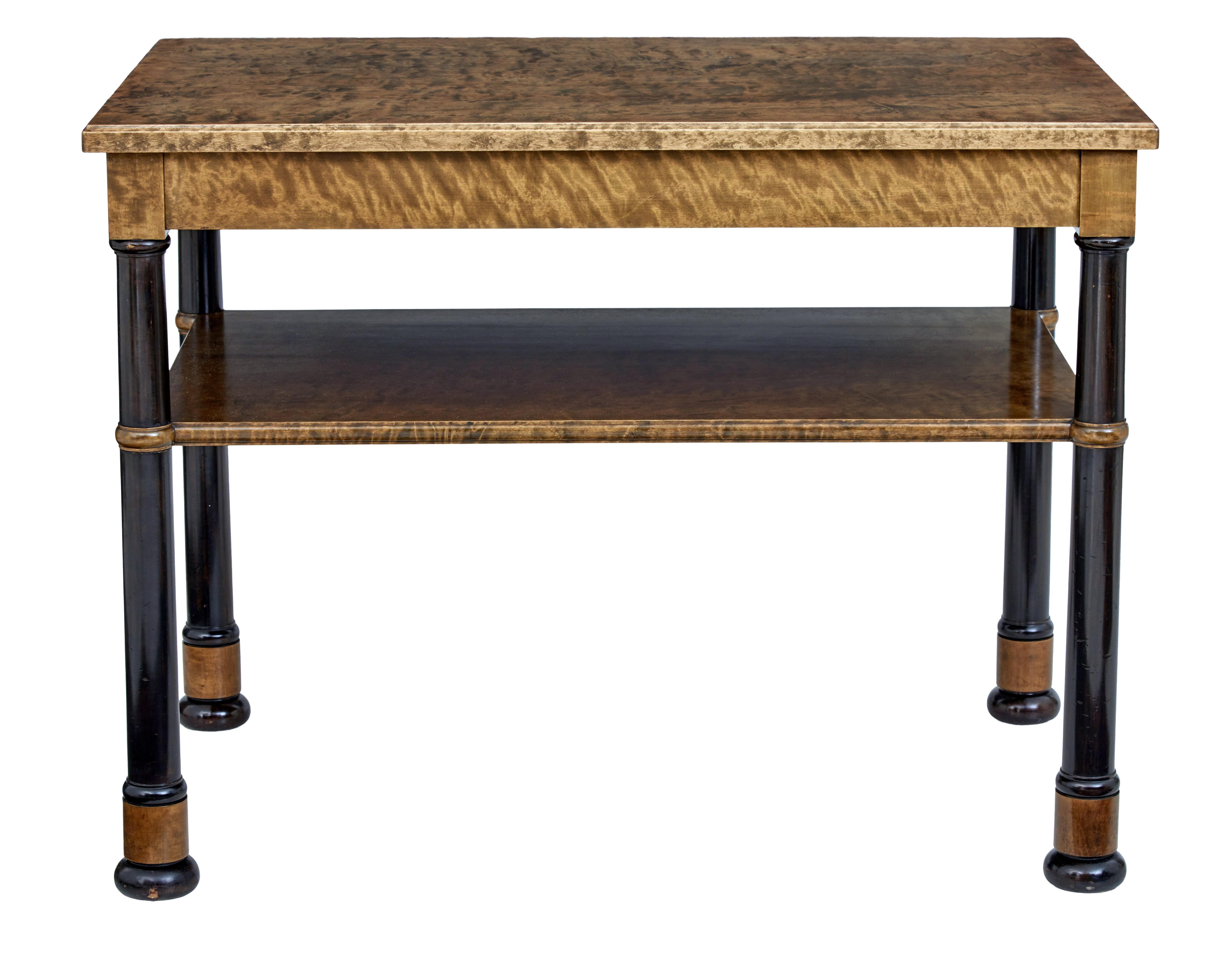 Early 20th century Art Deco birch serving table, circa 1930.

Fine quality Swedish birch table. Rectangular top with edging, supported by 4 stained column legs which provides the support for the shelf below the top.

Ideal for use in retail with