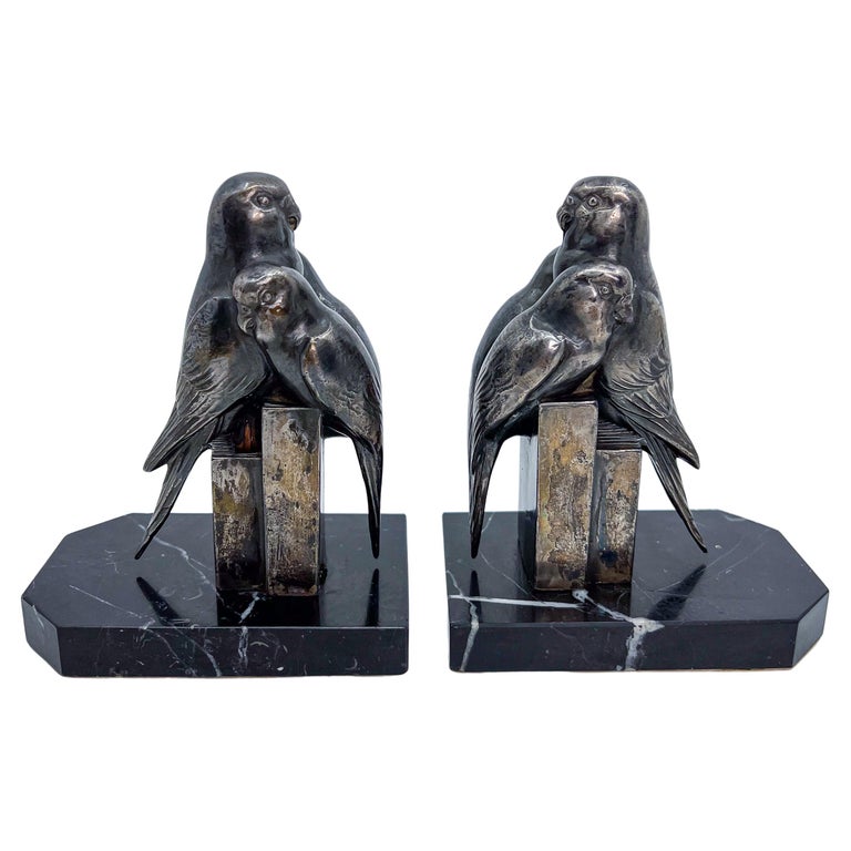 Paire De Serre-livres Anciens En Marbre - Décor Poussins Oiseaux - Art Déco 1920