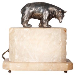 Early 20th Century Art Déco Bronze and White Alabaster Bear Table Lamp, France