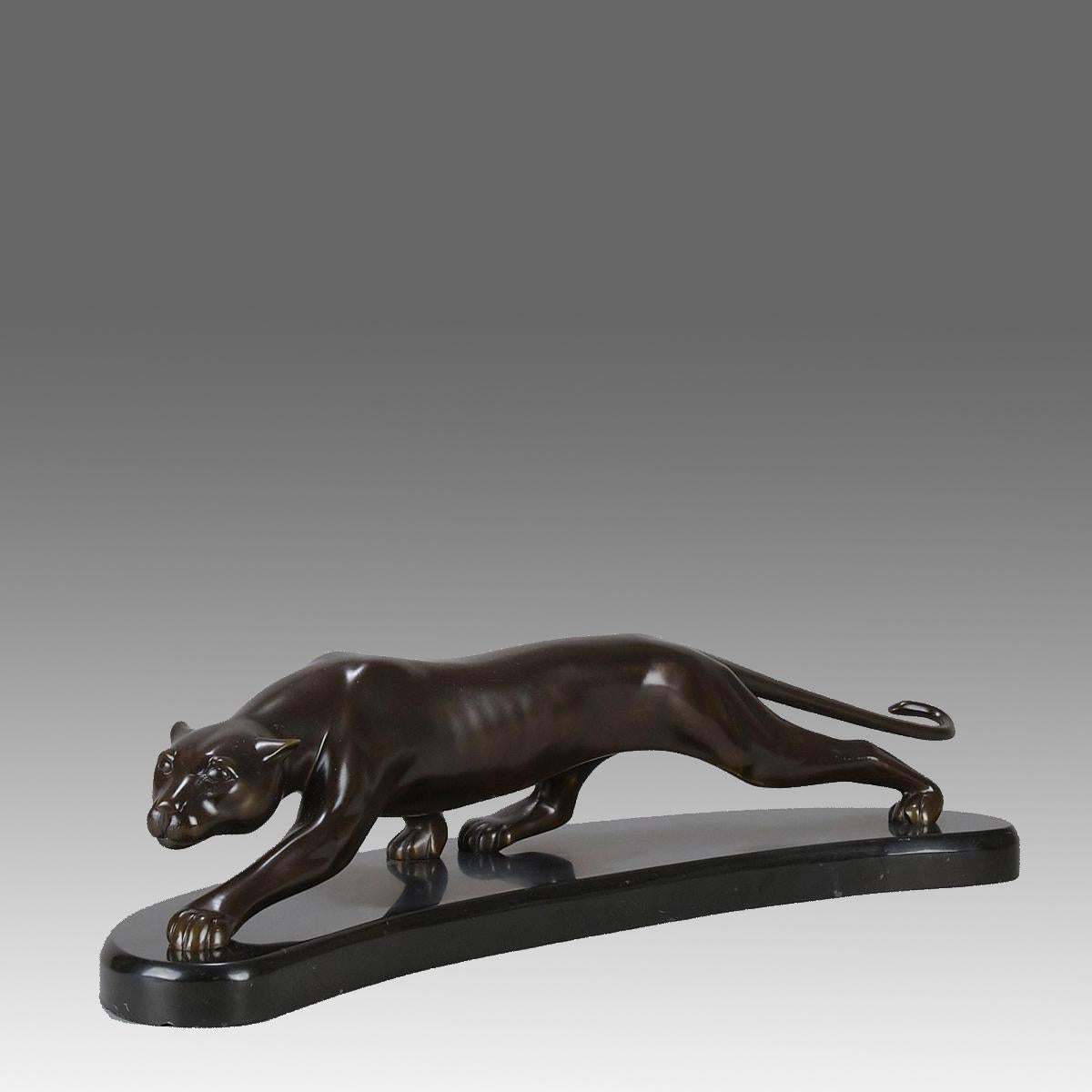 An impressive early 20th Century Art Deco bronze study of a prowling panther in an animated pose, the surface with fine smooth tactile surface, raised on a shaped and polished black marble base. Signed G Lavroff  and numbered

ADDITIONAL