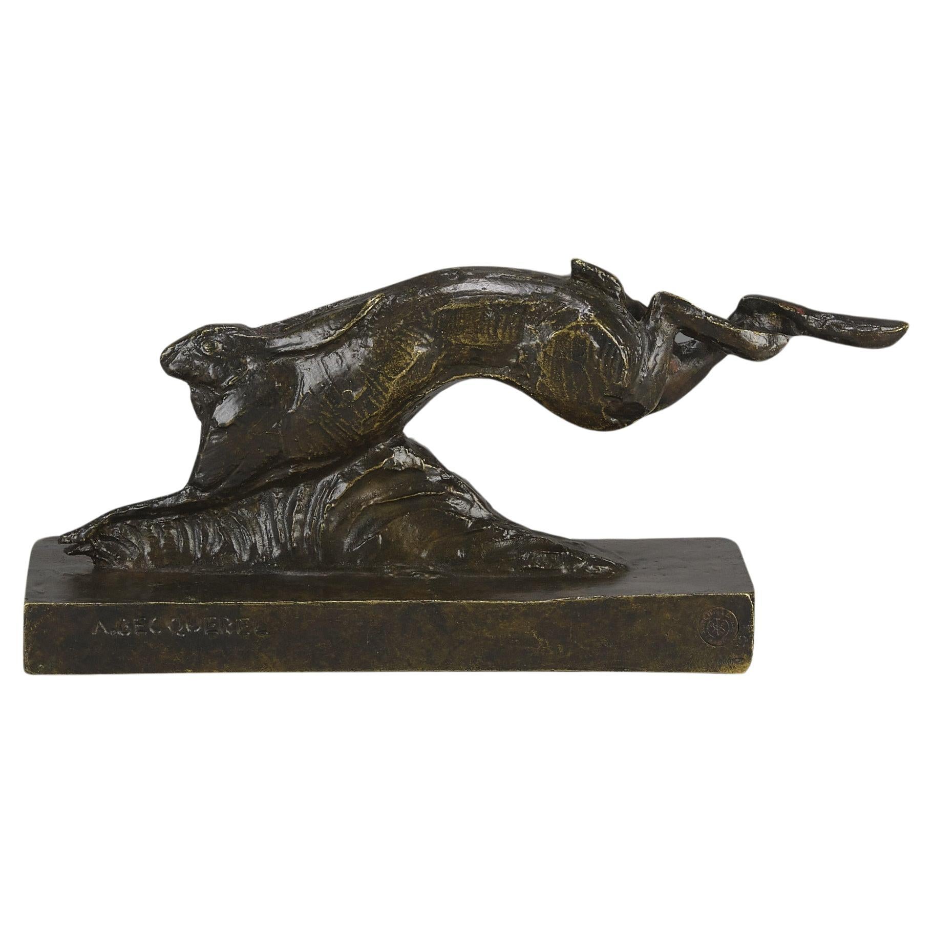 Frühes 20. Jahrhundert Art Deco Bronze Studie "Running Hare" von Andre Becquerel