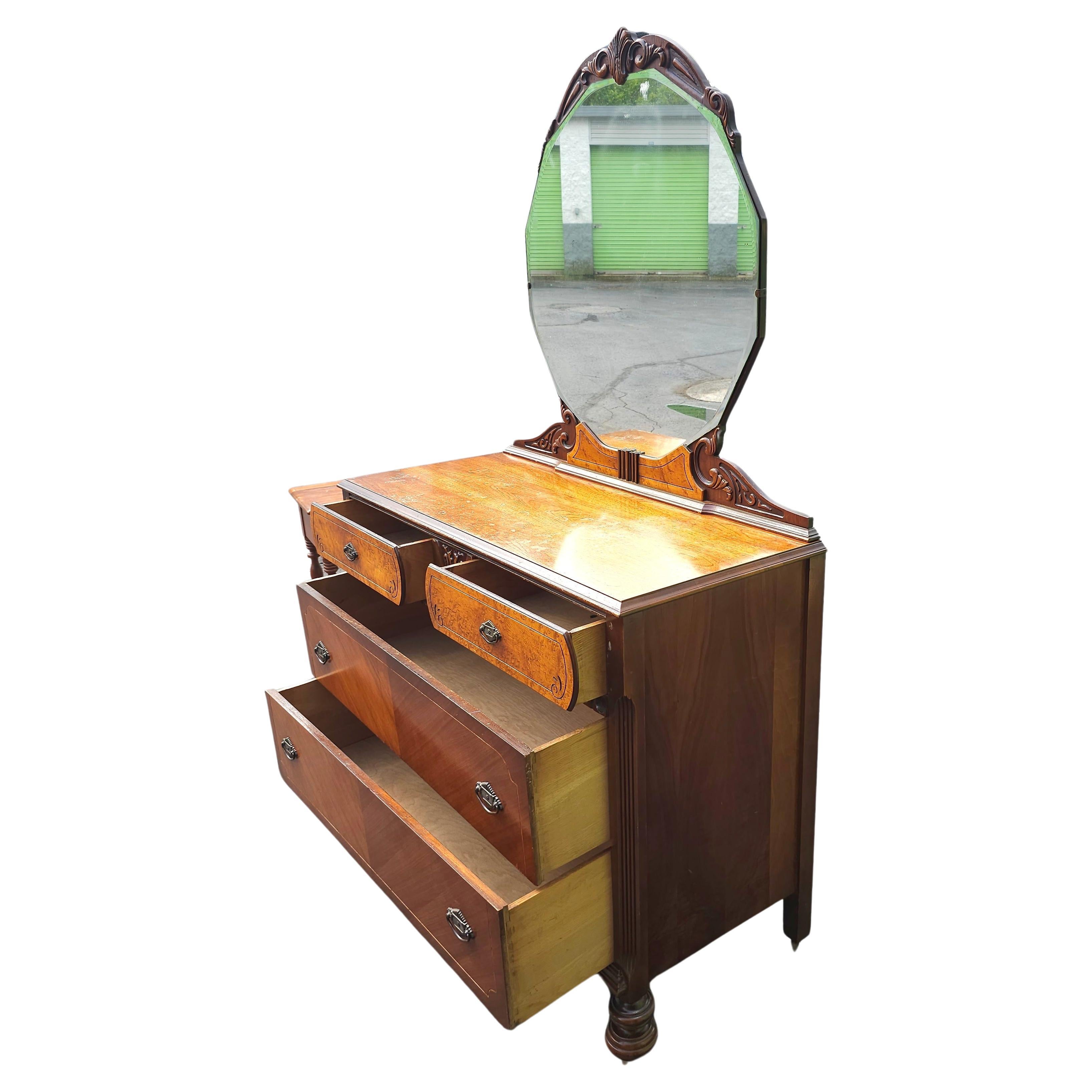 American Early 20th Century Art Deco Chest Mahogany and Walnut Chest of Drawers w. Mirror For Sale