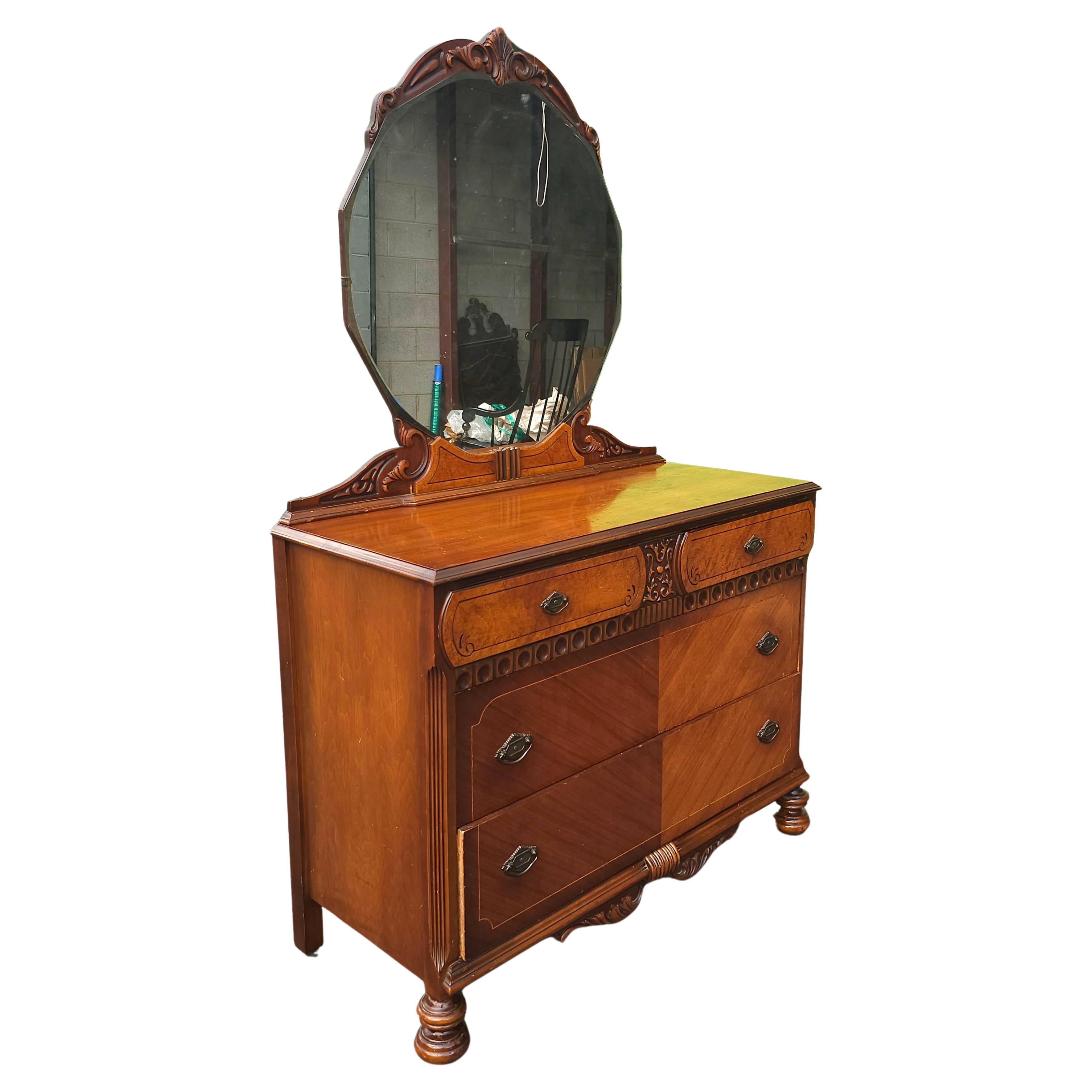 Inlay Early 20th Century Art Deco Chest Mahogany and Walnut Chest of Drawers w. Mirror For Sale
