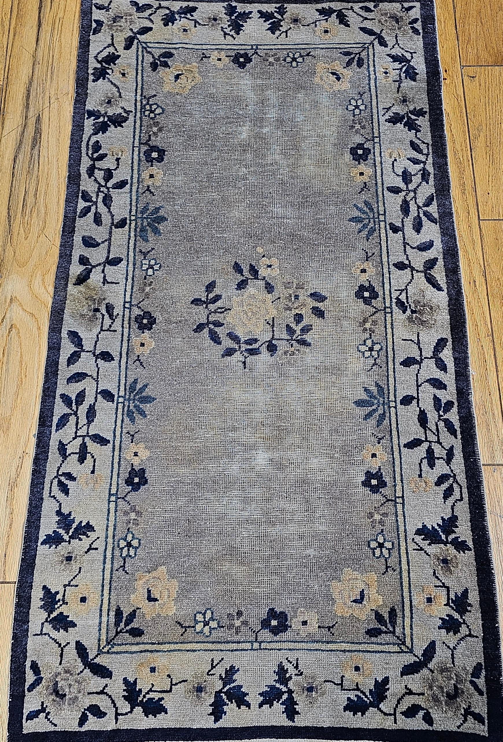 Vintage Art Deco Chinese Area Rug in Gray, Navy, Lavender, Ivory For Sale 3