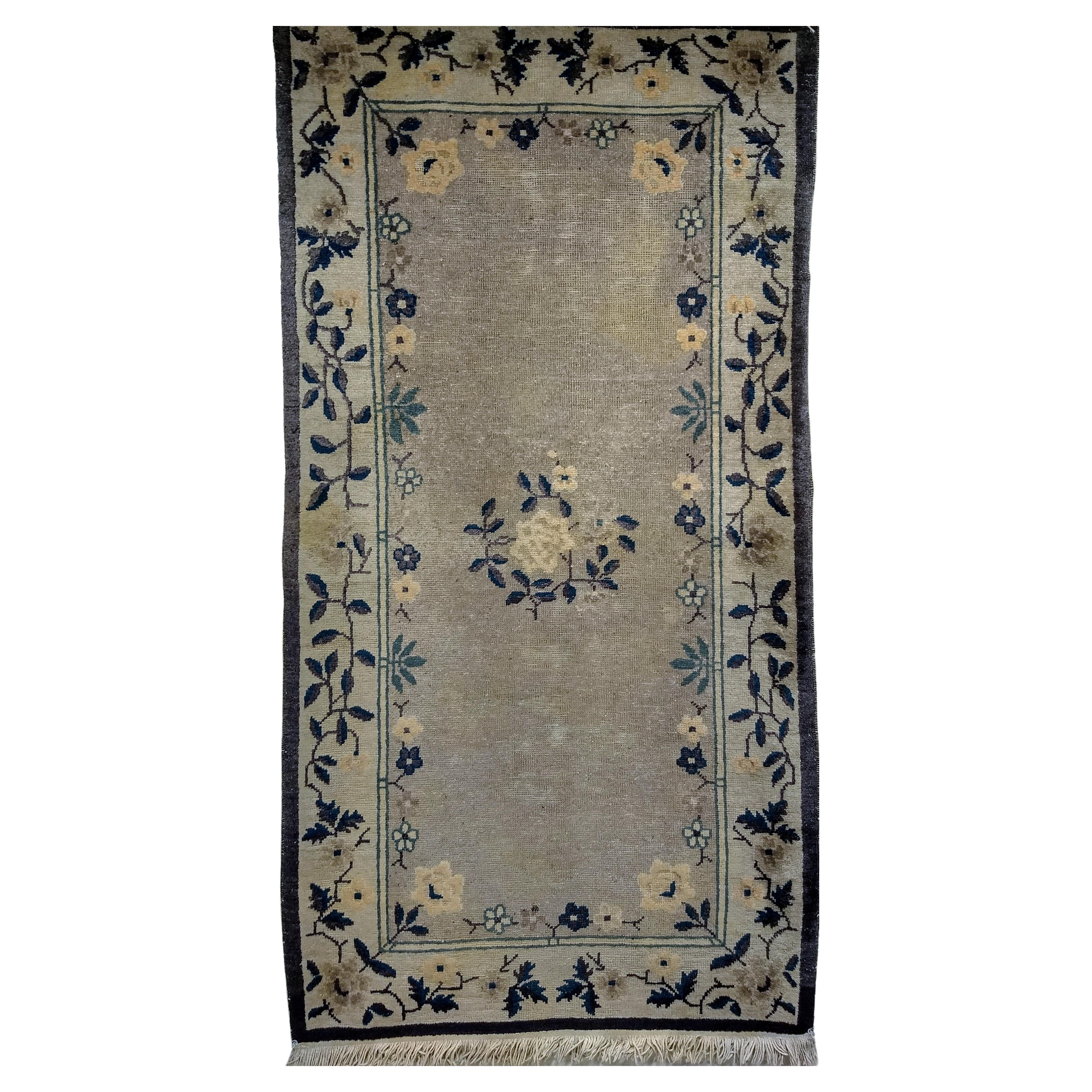 Vintage Art Deco Chinese Area Rug in Gray, Navy, Lavender, Ivory For Sale