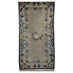 Antique Early 20th Century Art Deco Chinese Area Rug in Gray, Navy, Lavender, Ivory