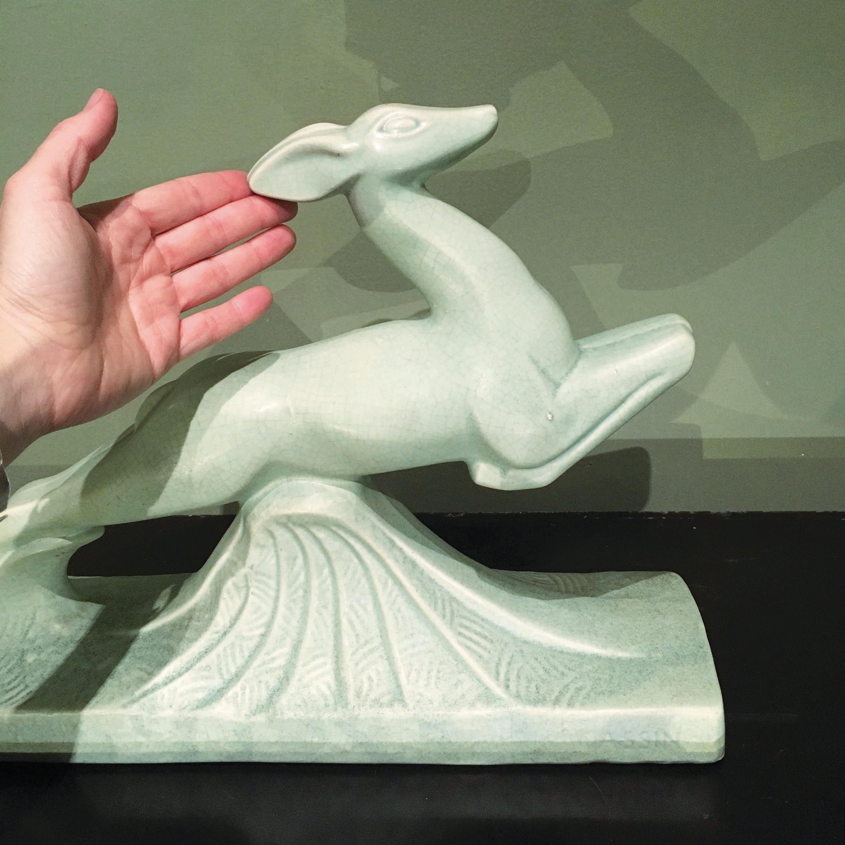 Early 20th Century Art Deco Crackle Glazed Ceramic Figure of a Jumping Antelope For Sale 7