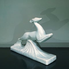 Early 20th Century Art Deco Crackle Glazed Ceramic Figure of a Jumping Antelope