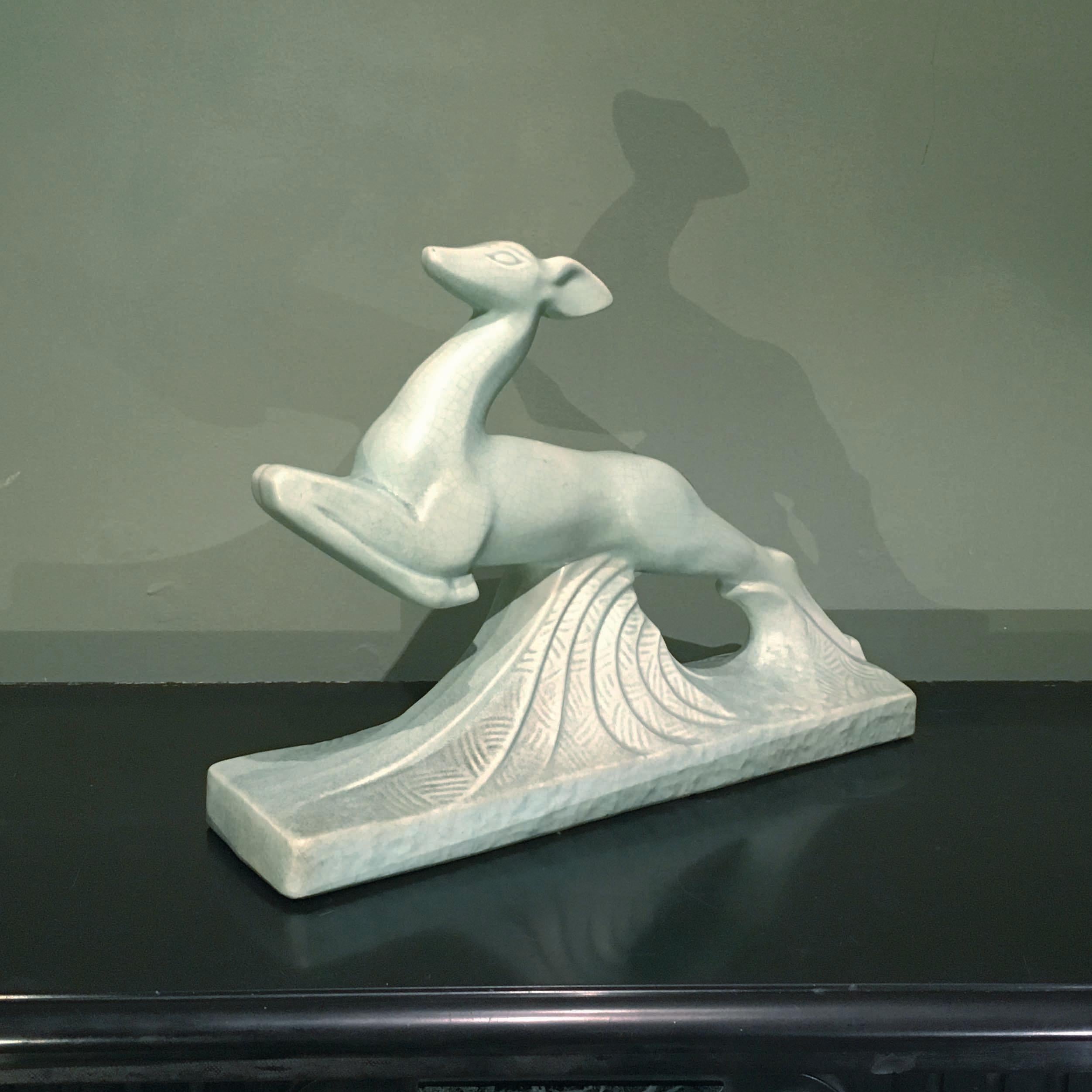 Early 20th Century Art Deco Crackle Glazed Ceramic Figure of a Jumping Antelope In Good Condition For Sale In Firenze, Tuscany