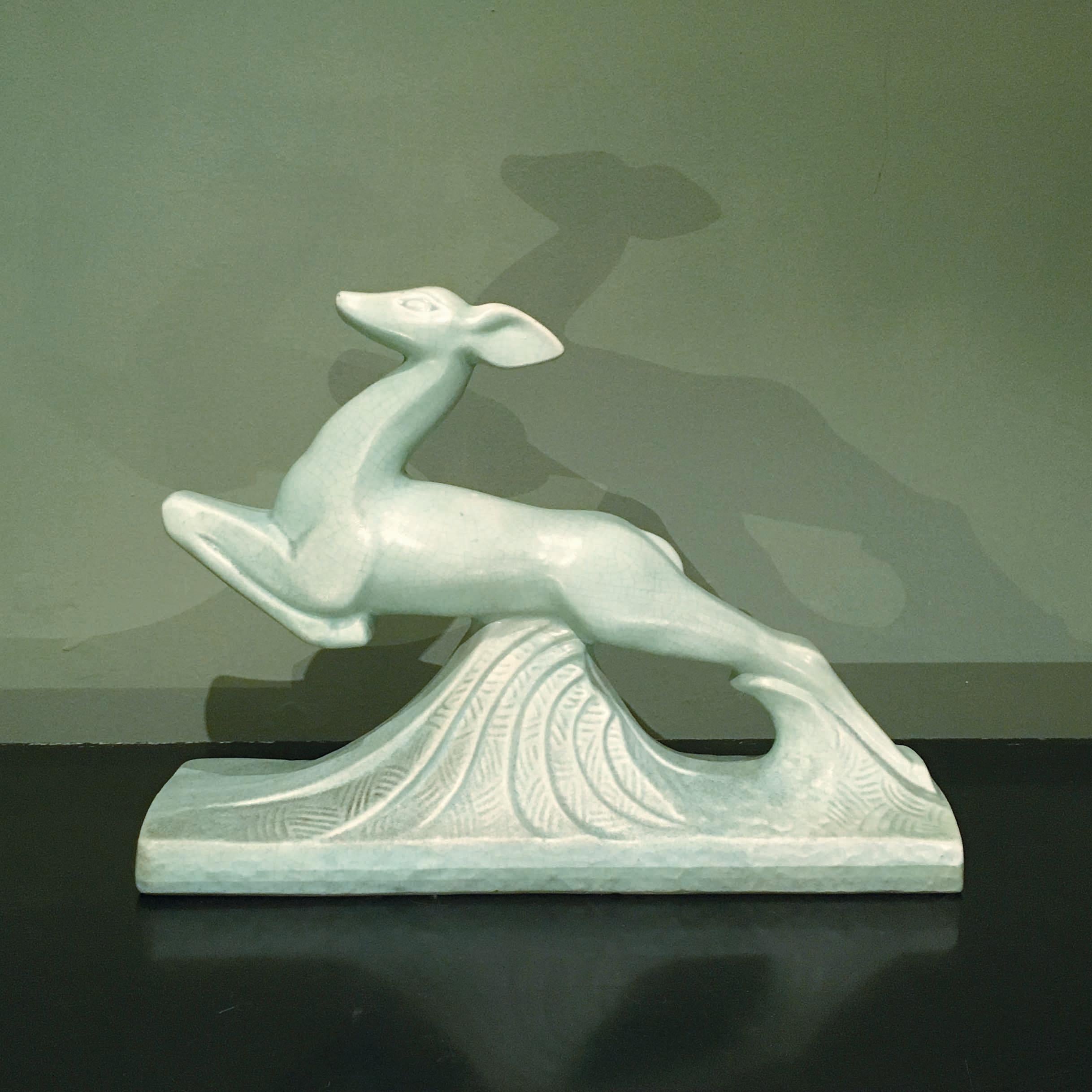 Early 20th Century Art Deco Crackle Glazed Ceramic Figure of a Jumping Antelope For Sale 1